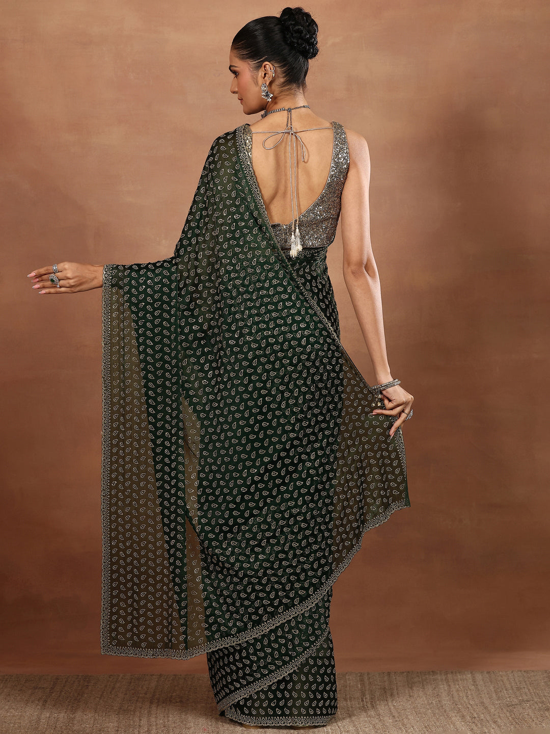  Green Embellished Organza Sarees With Unstitched Blouse Piece 