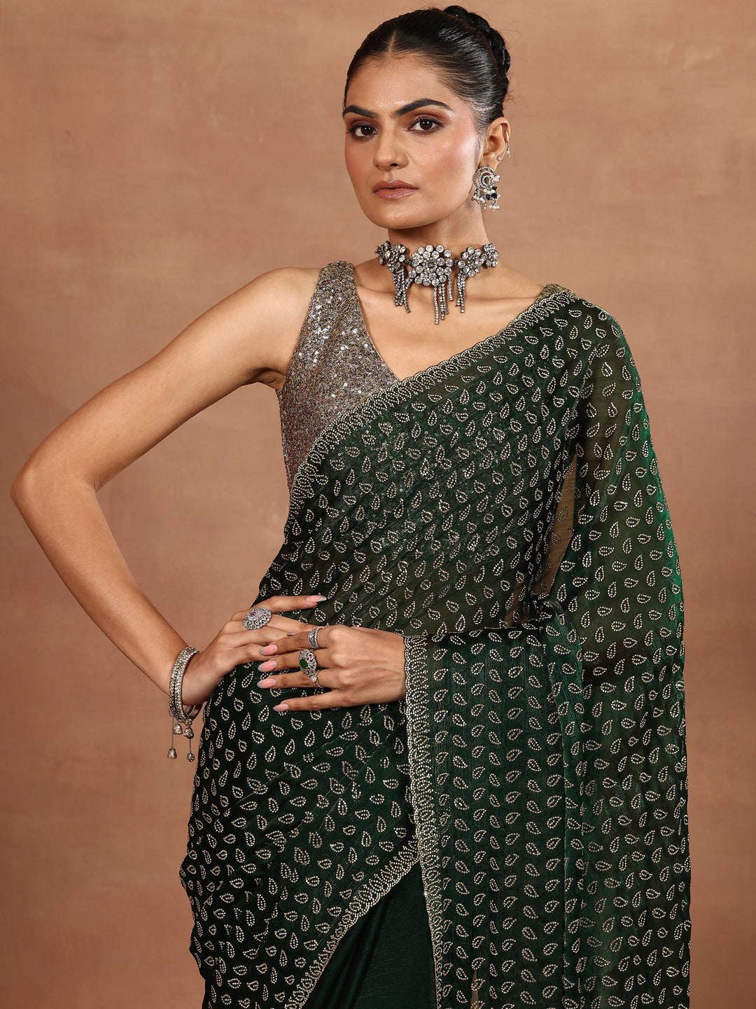  Green Embellished Organza Sarees With Unstitched Blouse Piece 