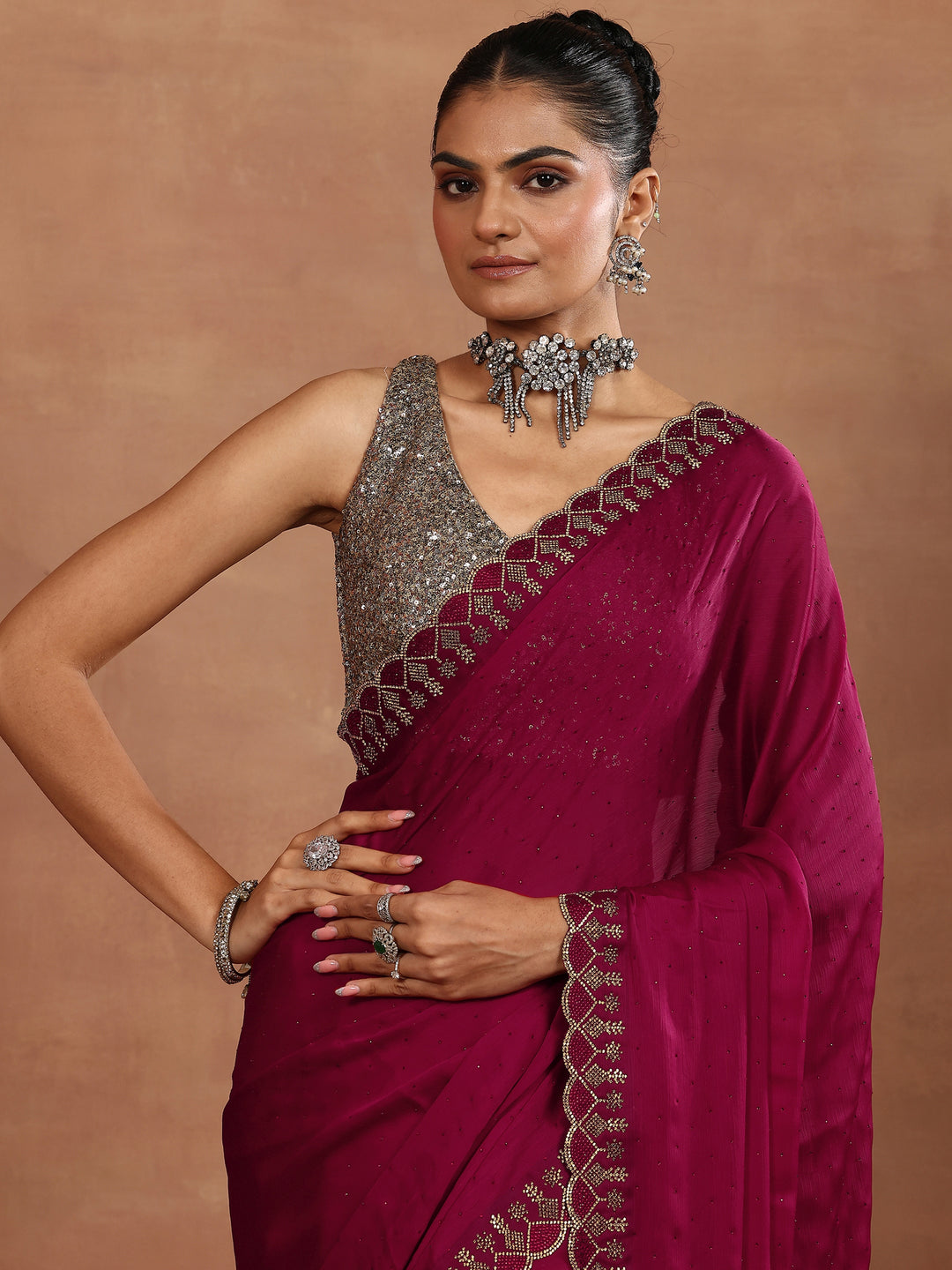  Red Embellished Silk Blend Sarees With Unstitched Blouse Piece 