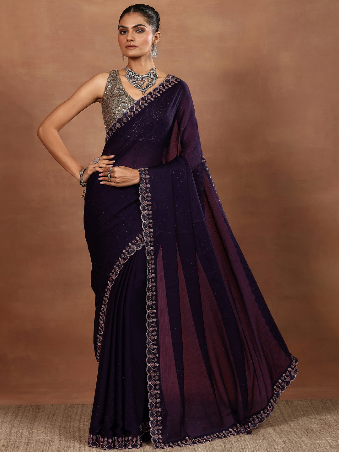  Purple Embellished Silk Blend Sarees With Unstitched Blouse Piece 