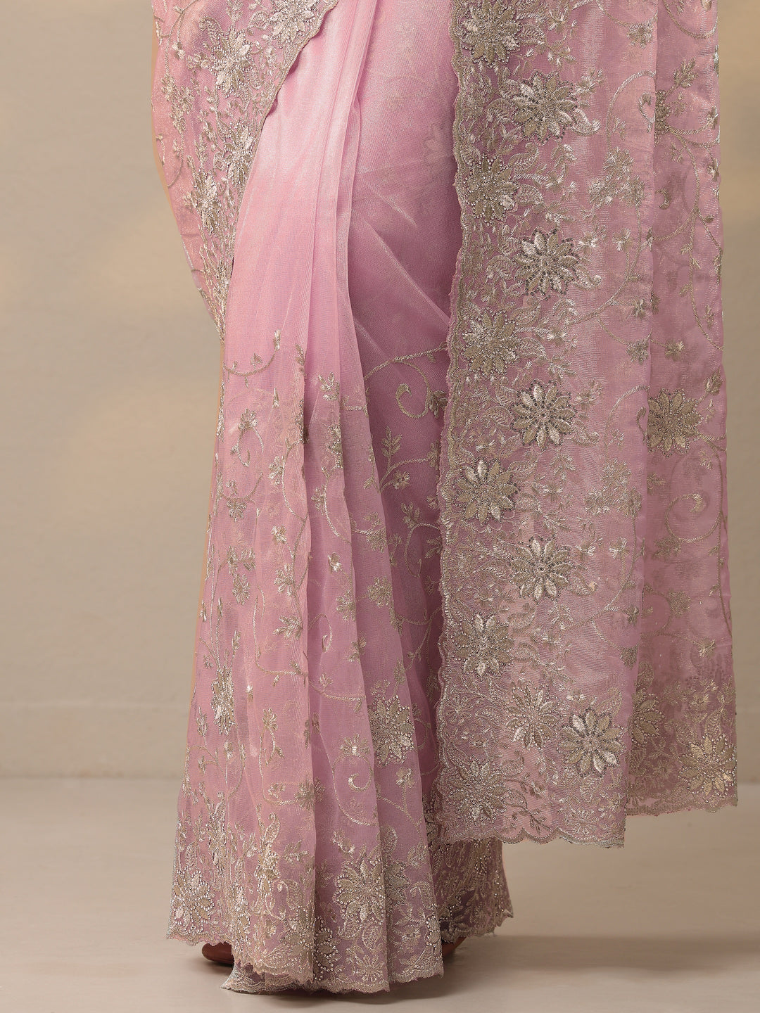  Pink Embroidered Nylon Sarees With Unstitched Blouse Piece 