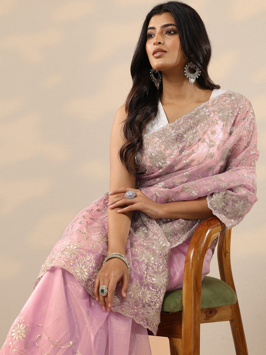  Pink Embroidered Nylon Sarees With Unstitched Blouse Piece 