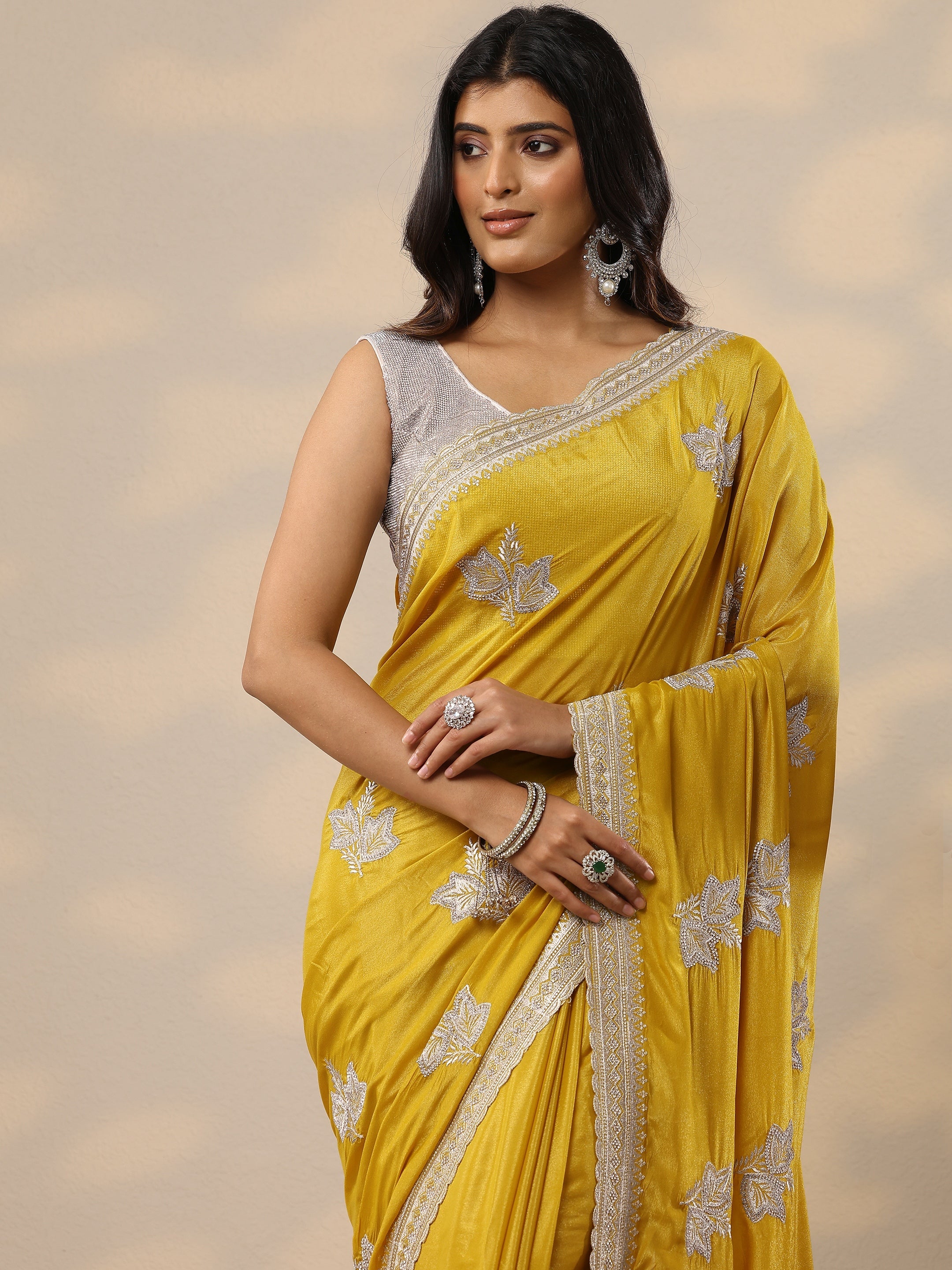 libas Yellow Embroidered Silk Blend Sarees With Unstitched Blouse Piece-picture-15
