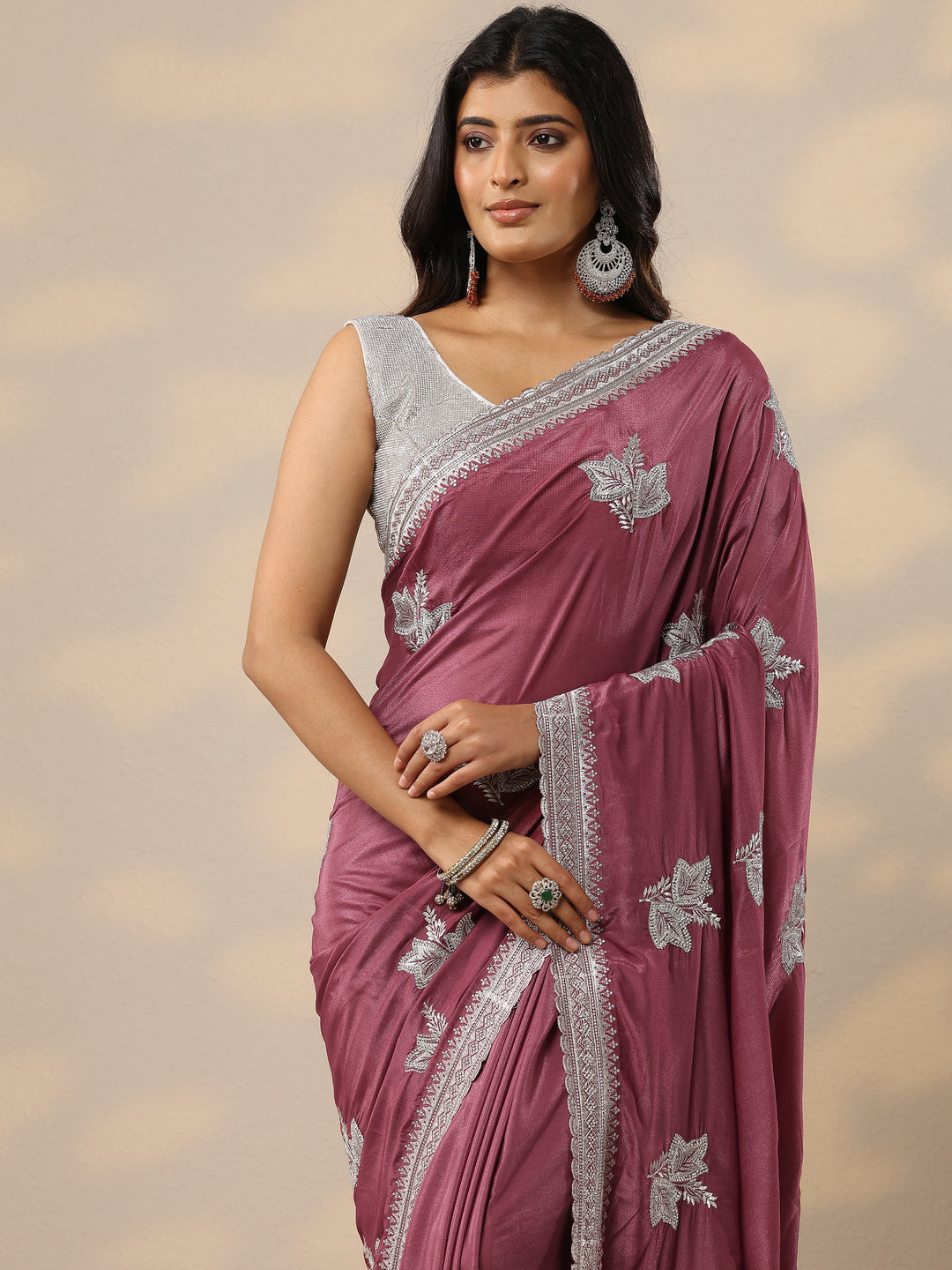 Mauve Embroidered Silk Blend Sarees With Unstitched Blouse Piece