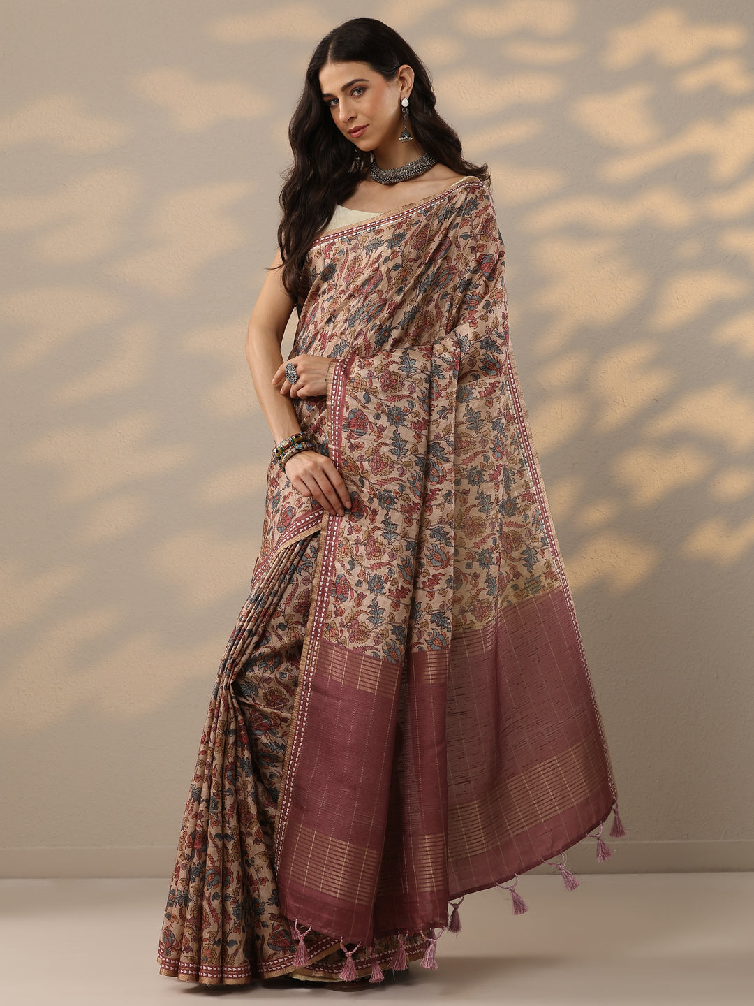  Taupe Printed Silk Blend Saree With Unstitched Blouse Piece 