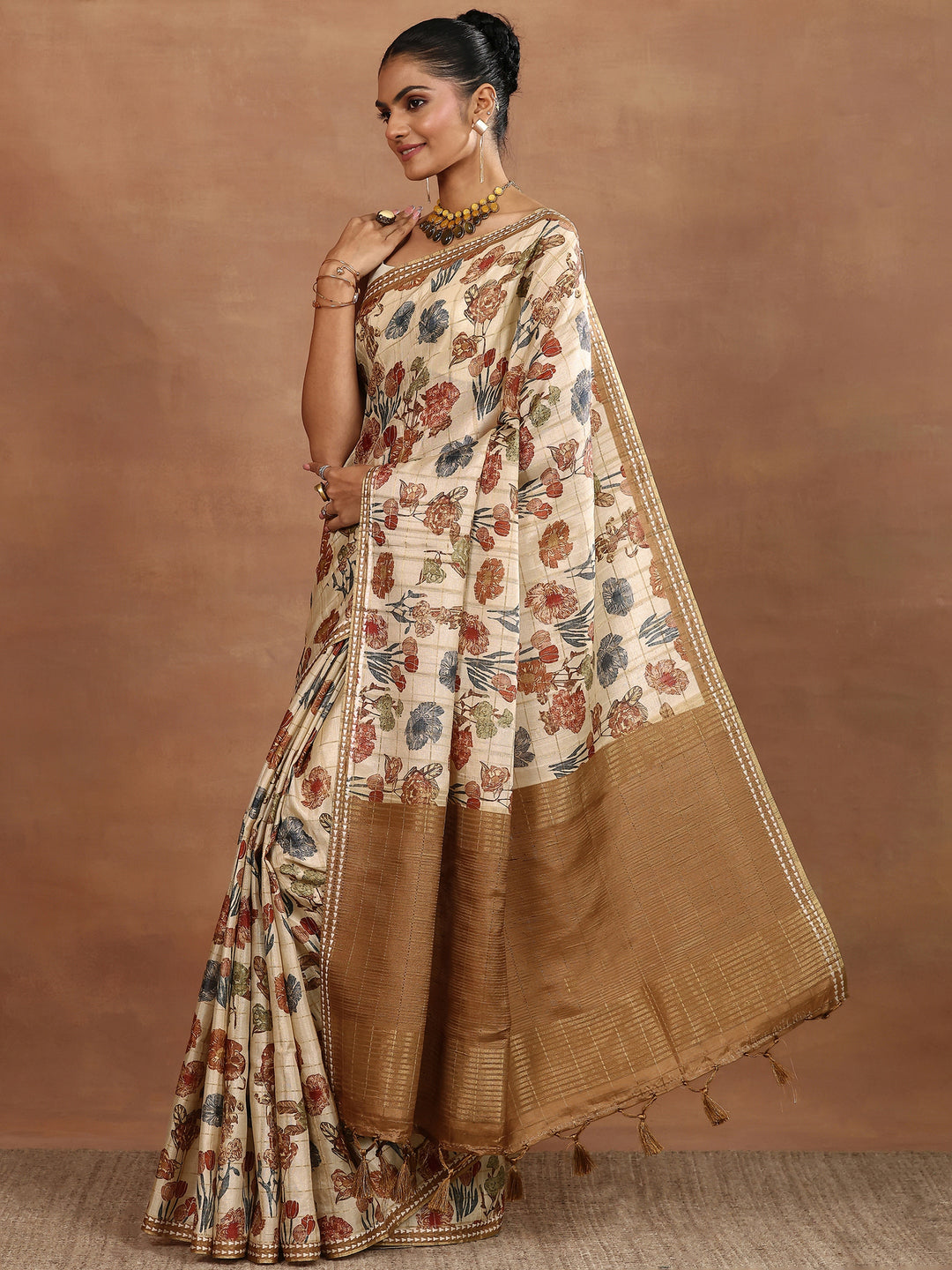  Beige Printed Silk Blend Sarees With Unstitched Blouse Piece 