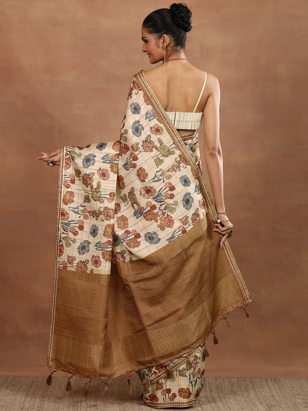  Beige Printed Silk Blend Sarees With Unstitched Blouse Piece 