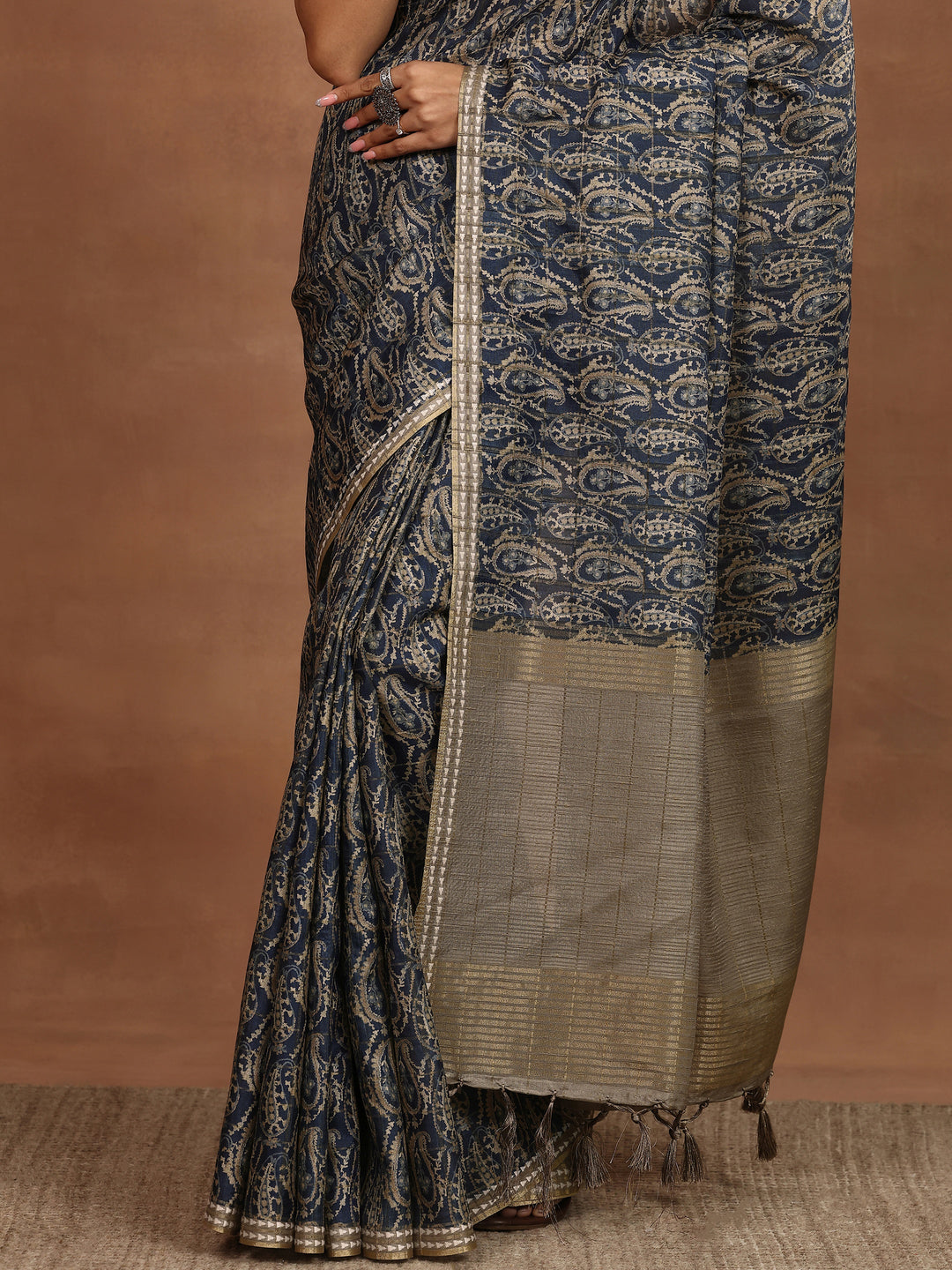  Navy Blue Printed Silk Blend Sarees With Unstitched Blouse Piece 