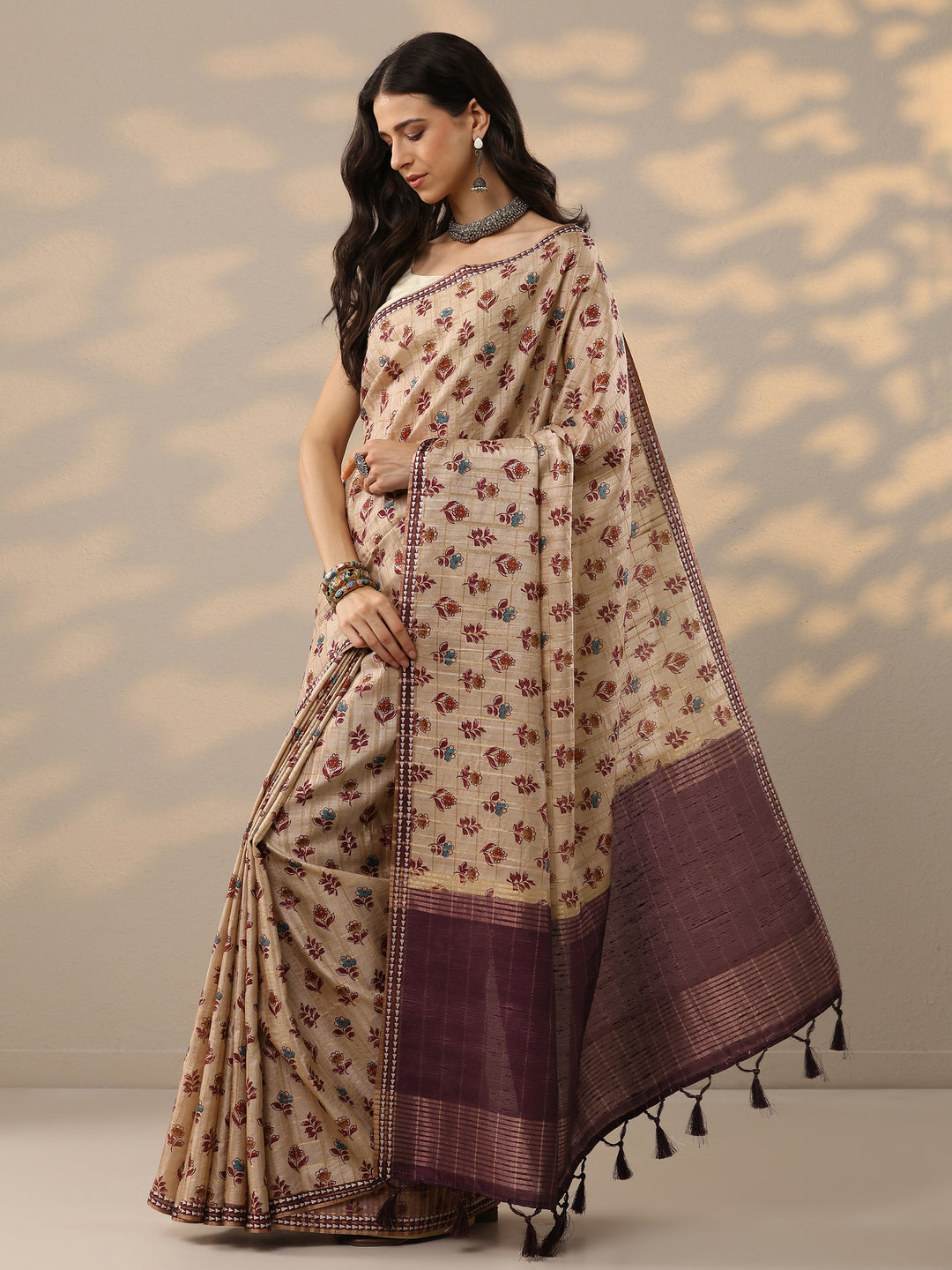 Beige Printed Silk Blend Saree With Unstitched Blouse Piece 