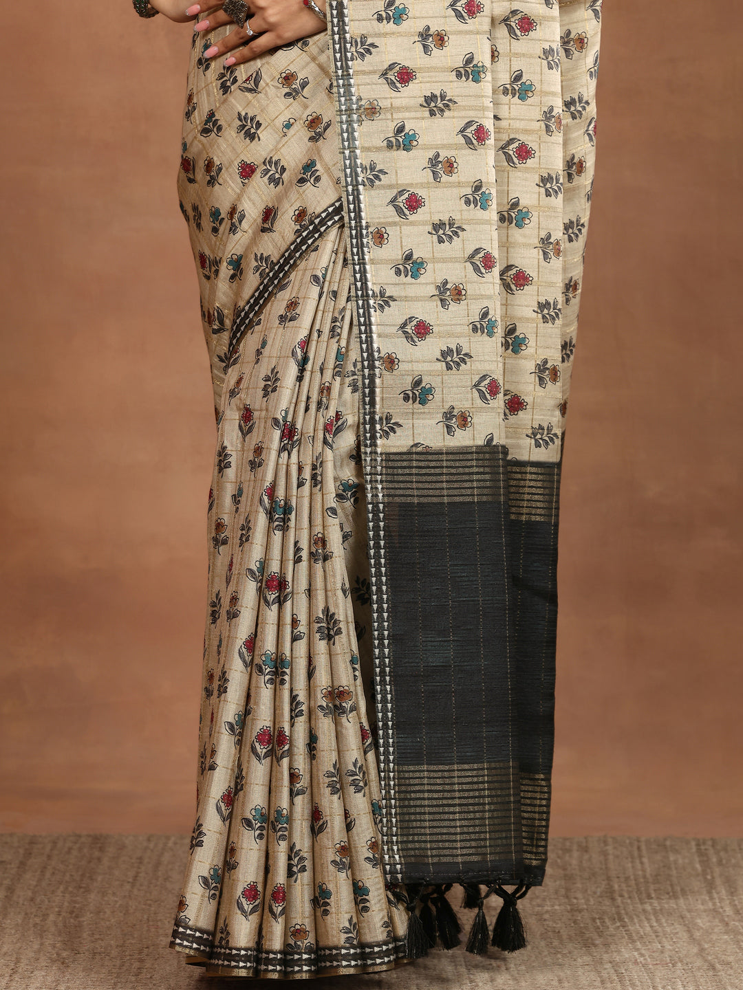  Beige Printed Silk Blend Sarees With Unstitched Blouse Piece 