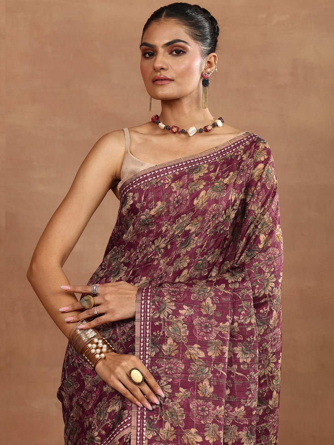  Maroon Printed Silk Blend Sarees With Unstitched Blouse Piece 