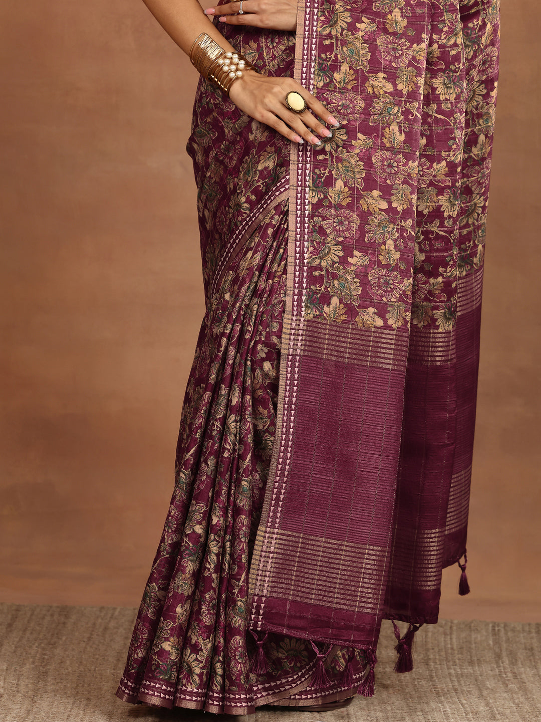  Maroon Printed Silk Blend Sarees With Unstitched Blouse Piece 