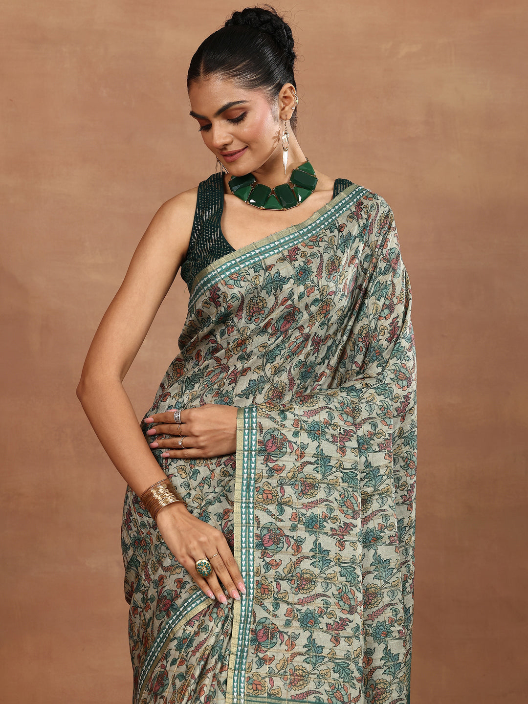  Green Printed Silk Blend Sarees With Unstitched Blouse Piece 