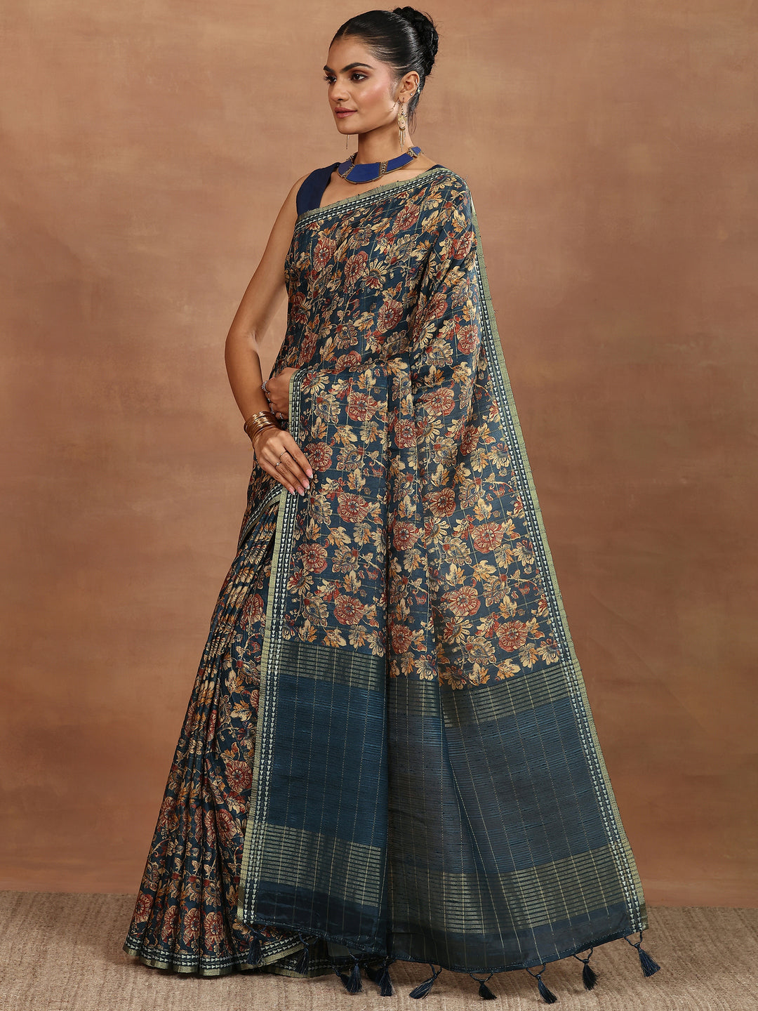  Teal Printed Silk Blend Sarees With Unstitched Blouse Piece 