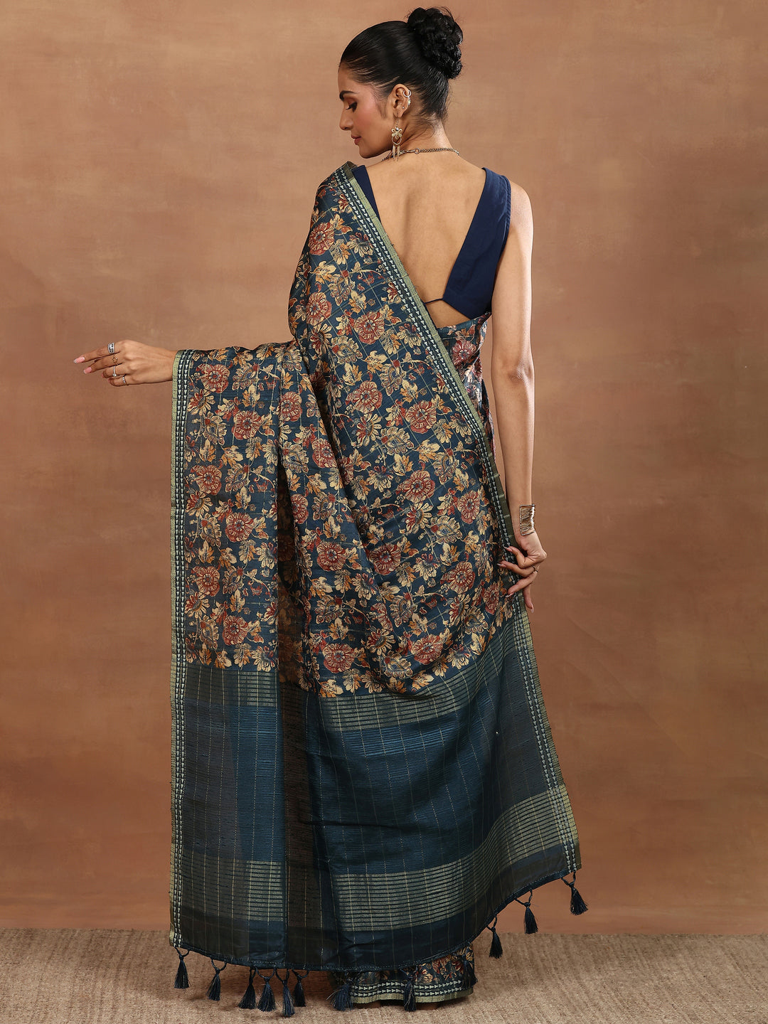  Teal Printed Silk Blend Sarees With Unstitched Blouse Piece 