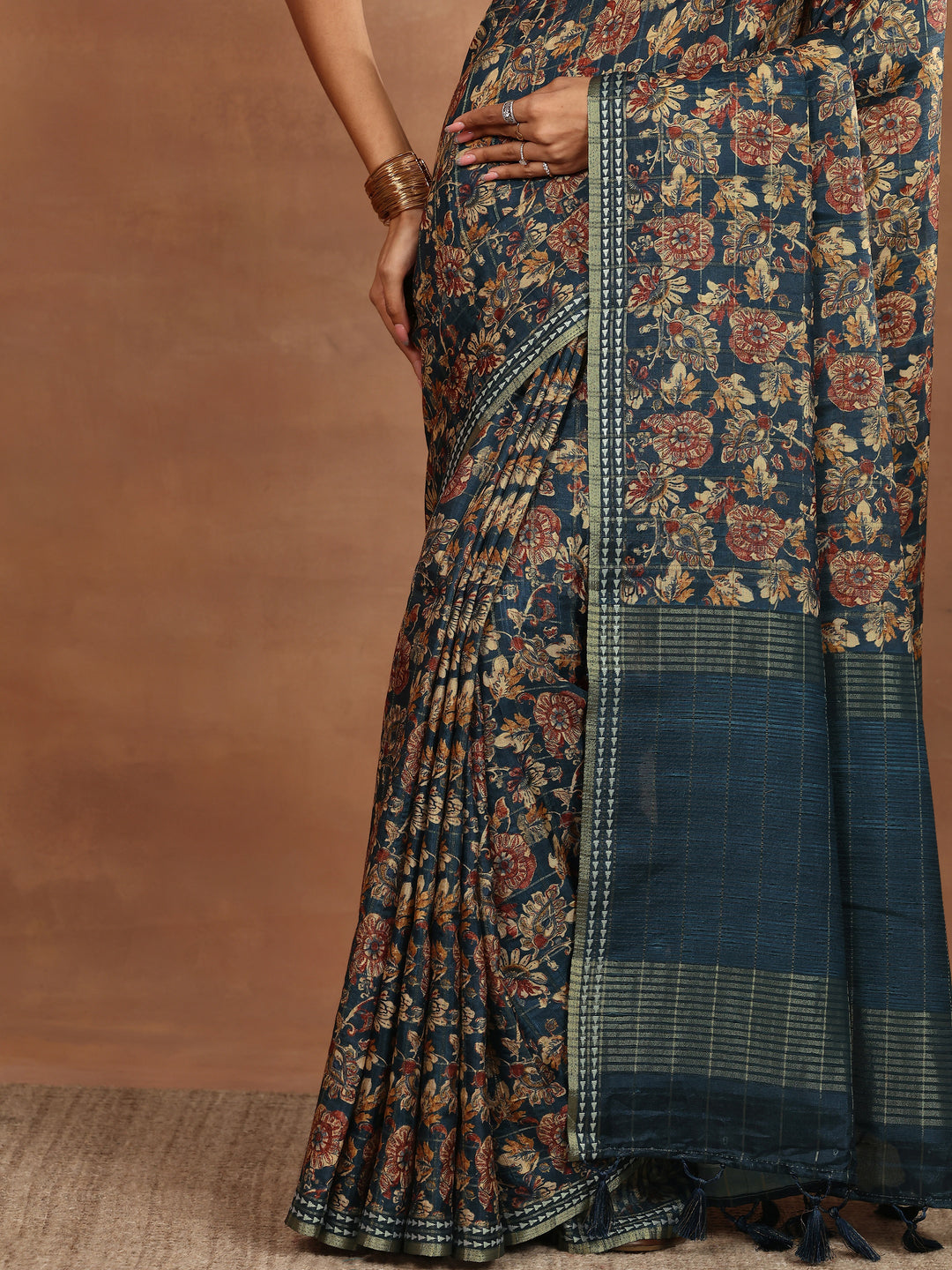  Teal Printed Silk Blend Sarees With Unstitched Blouse Piece 