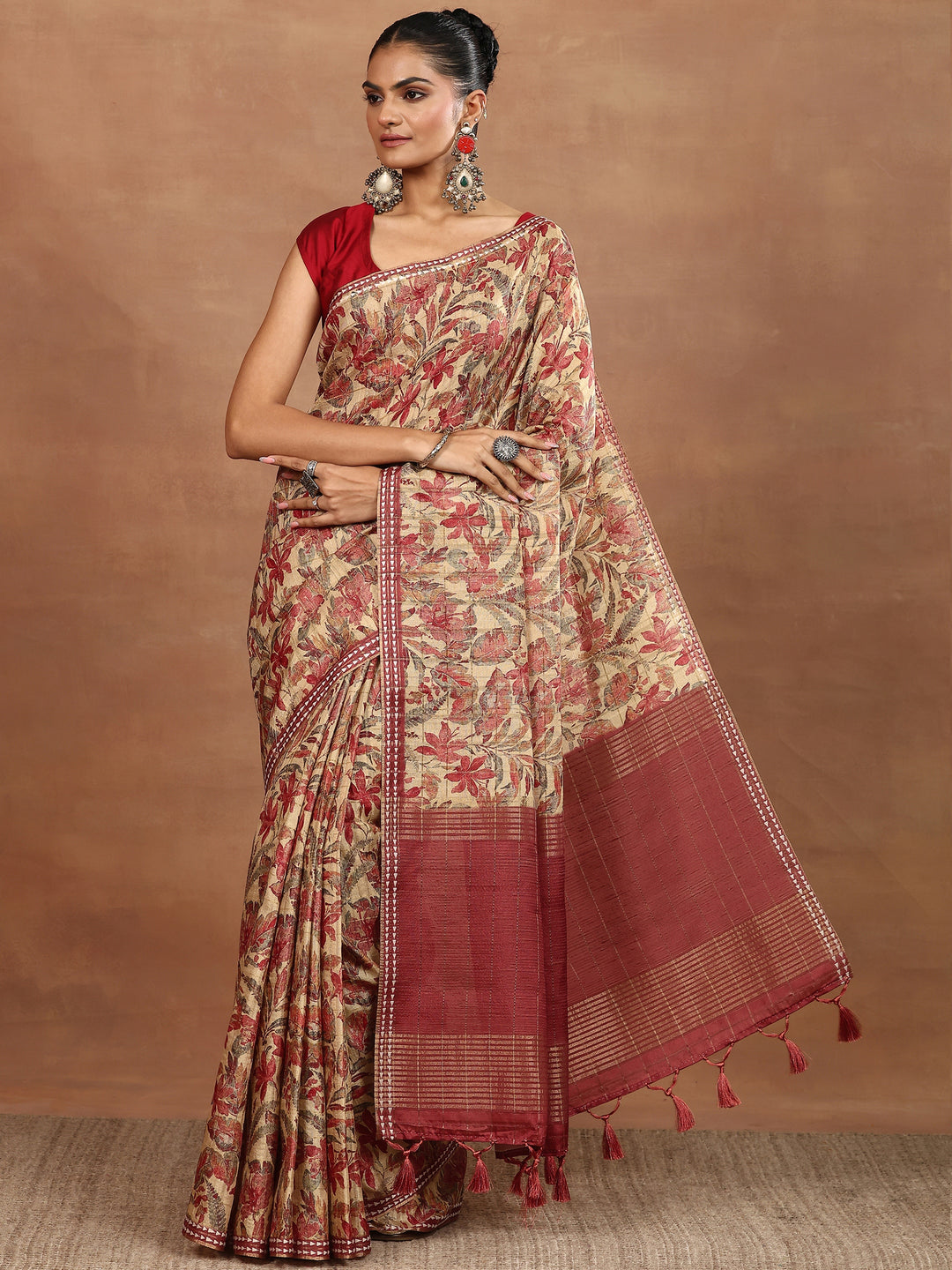  Beige Printed Silk Blend Sarees With Unstitched Blouse Piece 