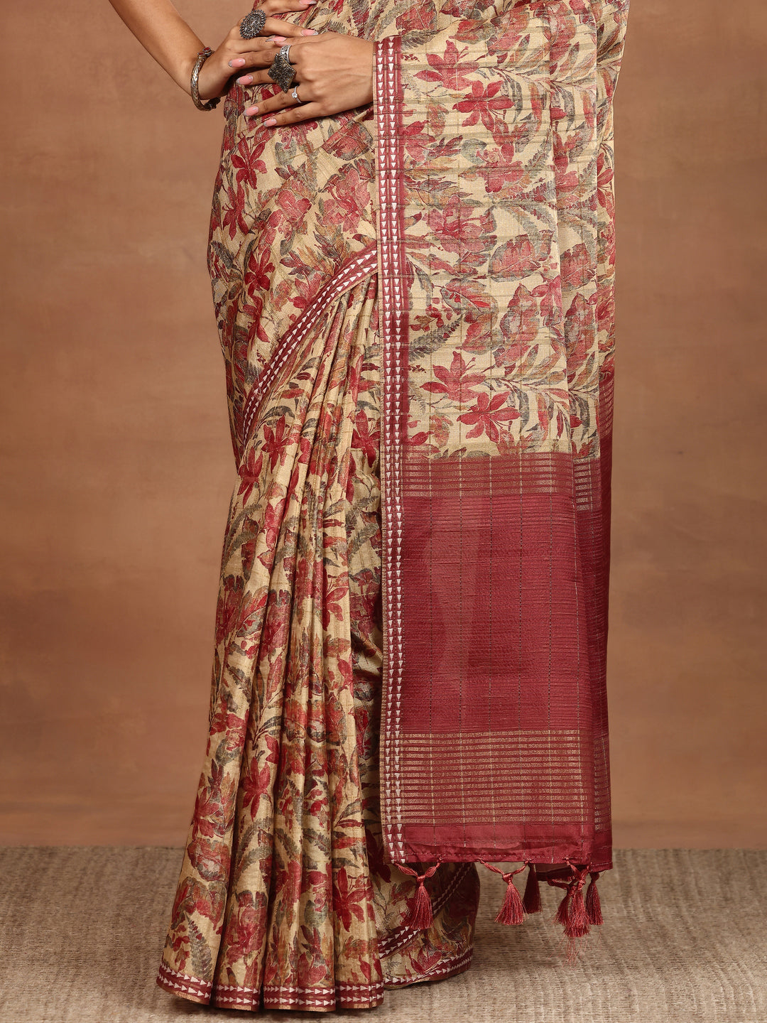  Beige Printed Silk Blend Sarees With Unstitched Blouse Piece 