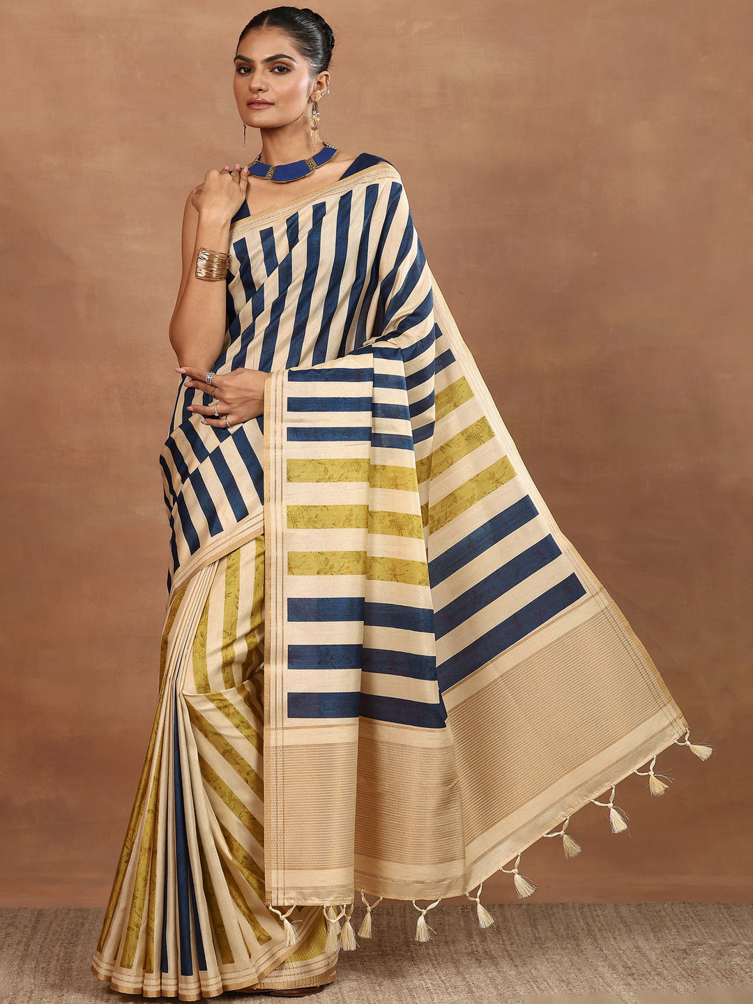 Beige Printed Silk Blend Sarees With Unstitched Blouse Piece