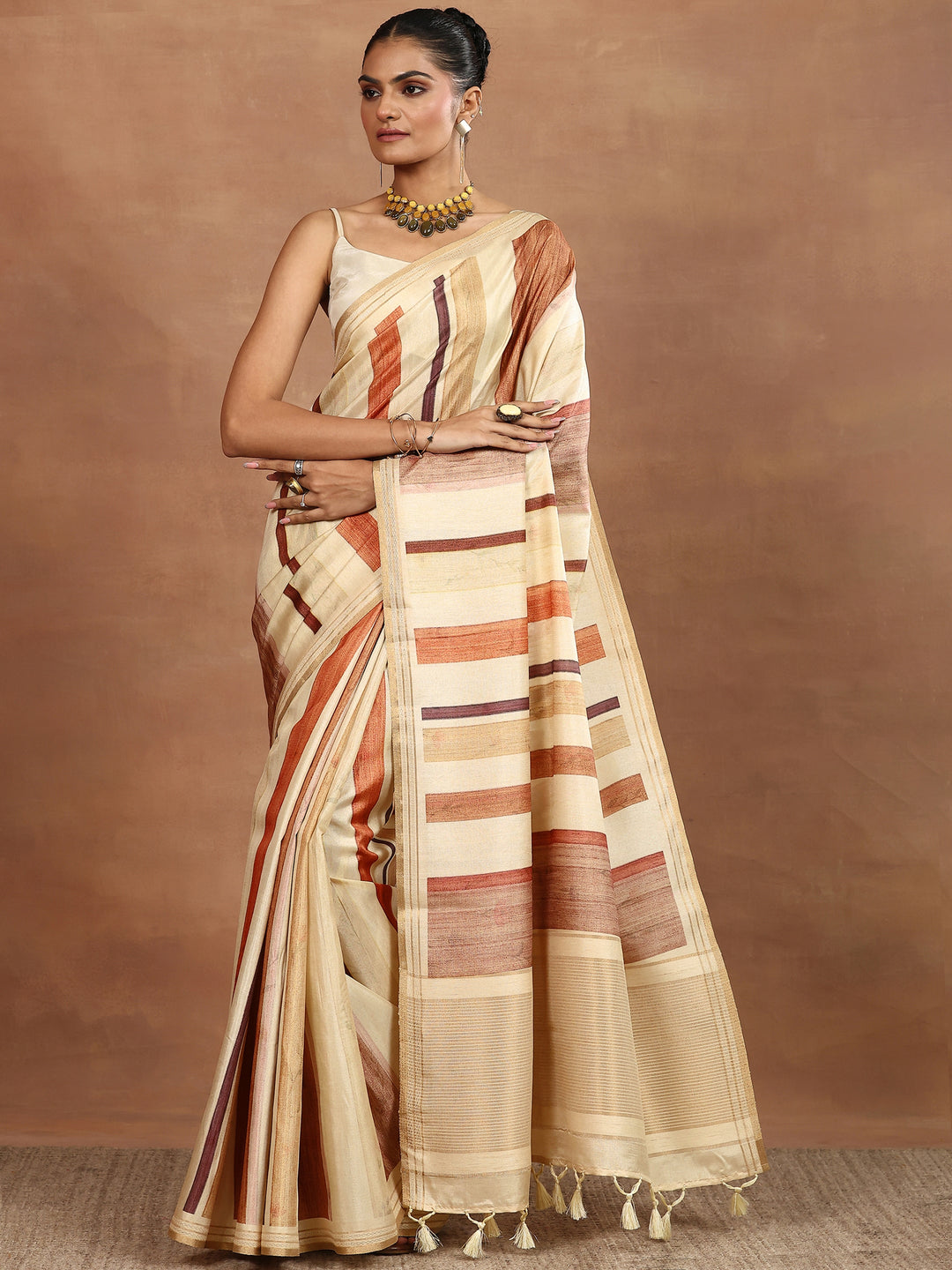 Beige Printed Silk Blend Sarees With Unstitched Blouse Piece