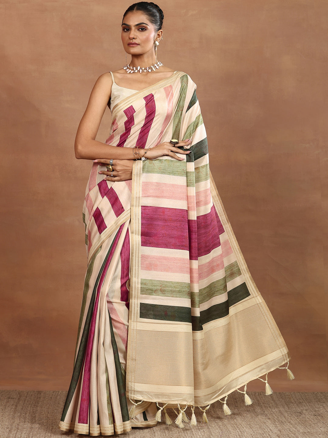 Beige Printed Silk Blend Sarees With Unstitched Blouse Piece