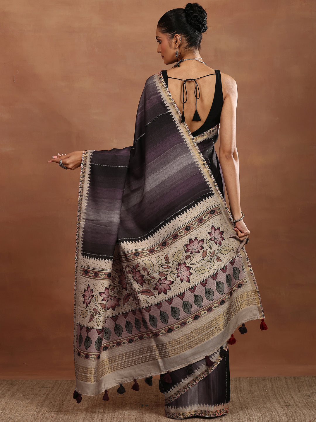  Purple Printed Silk Blend Sarees With Unstitched Blouse Piece 