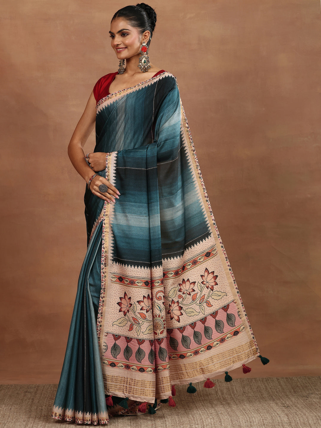  Blue Printed Silk Blend Sarees With Unstitched Blouse Piece 