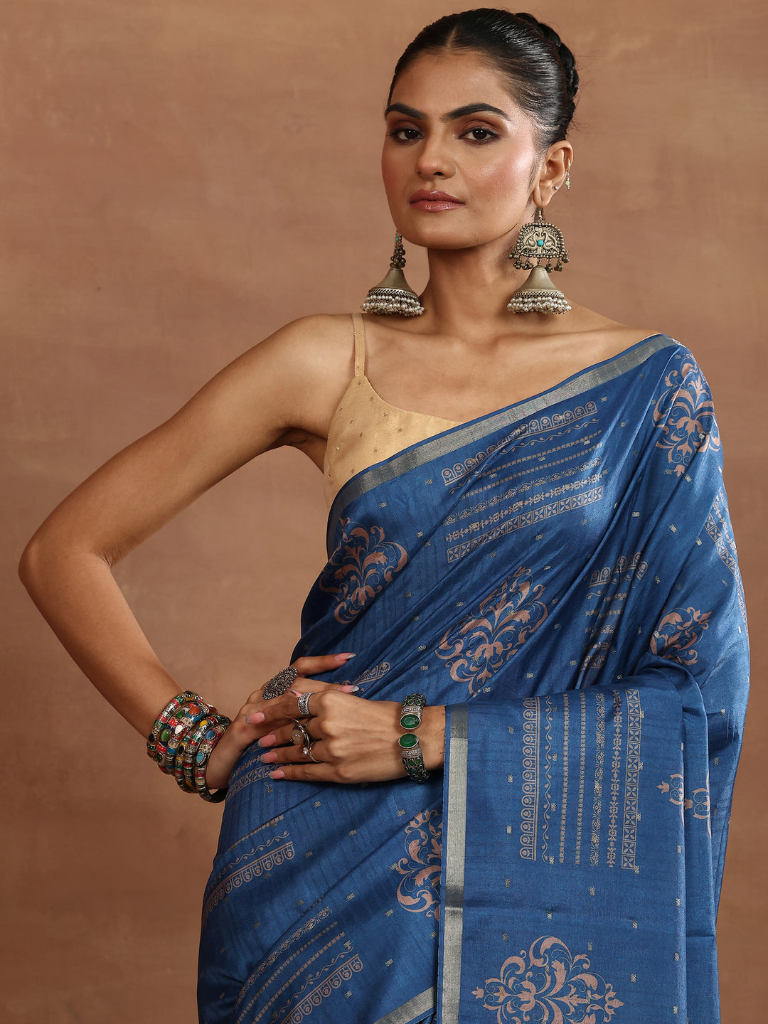  Blue Printed Silk Blend Sarees With Unstitched Blouse Piece 