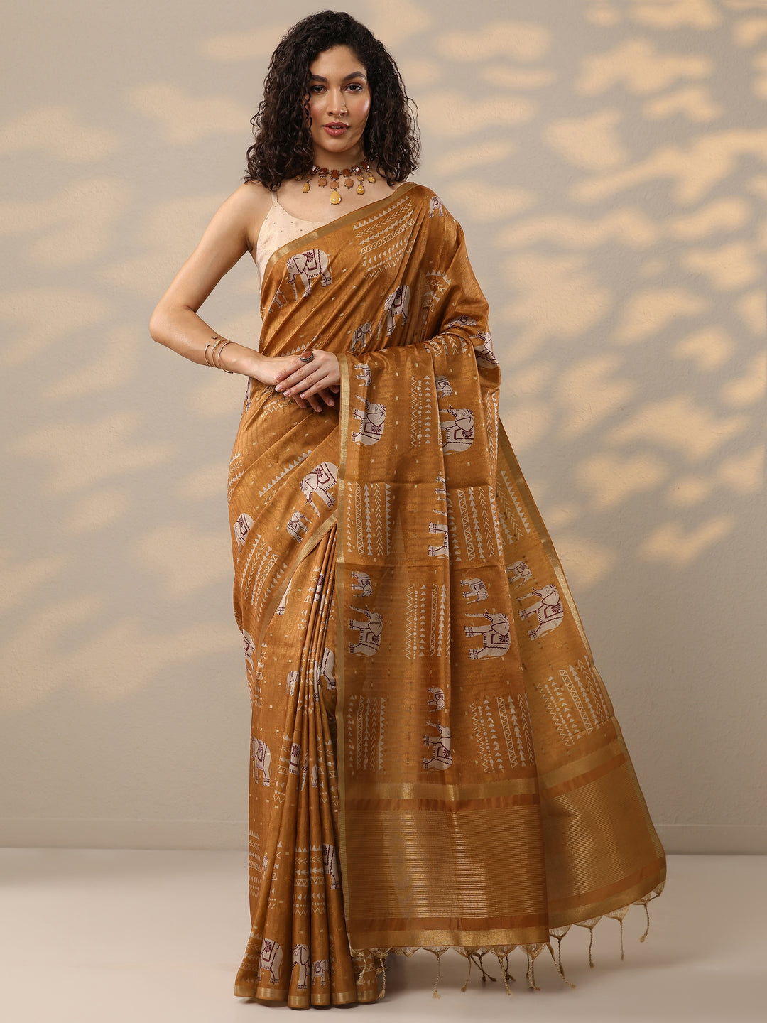 Rust Printed Silk Blend Sarees With Unstitched Blouse Piece