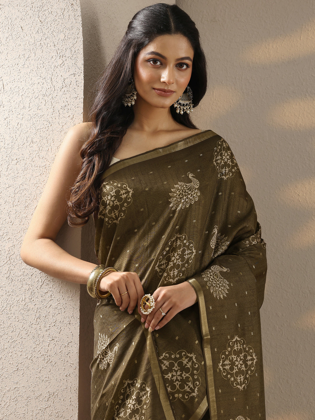 Olive Printed Silk Blend Sarees With Unstitched Blouse Piece