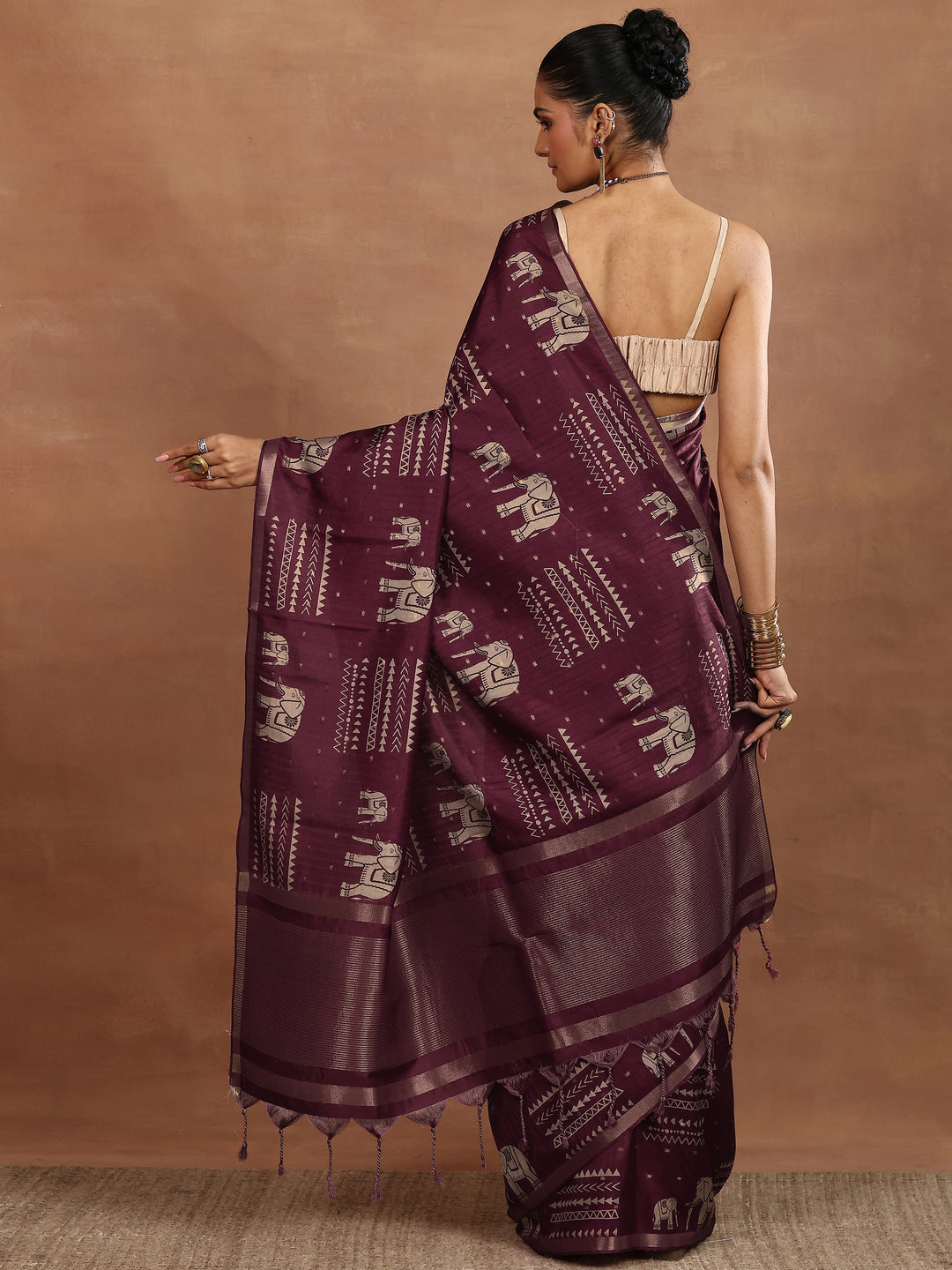  Burgundy Printed Silk Blend Sarees With Unstitched Blouse Piece 