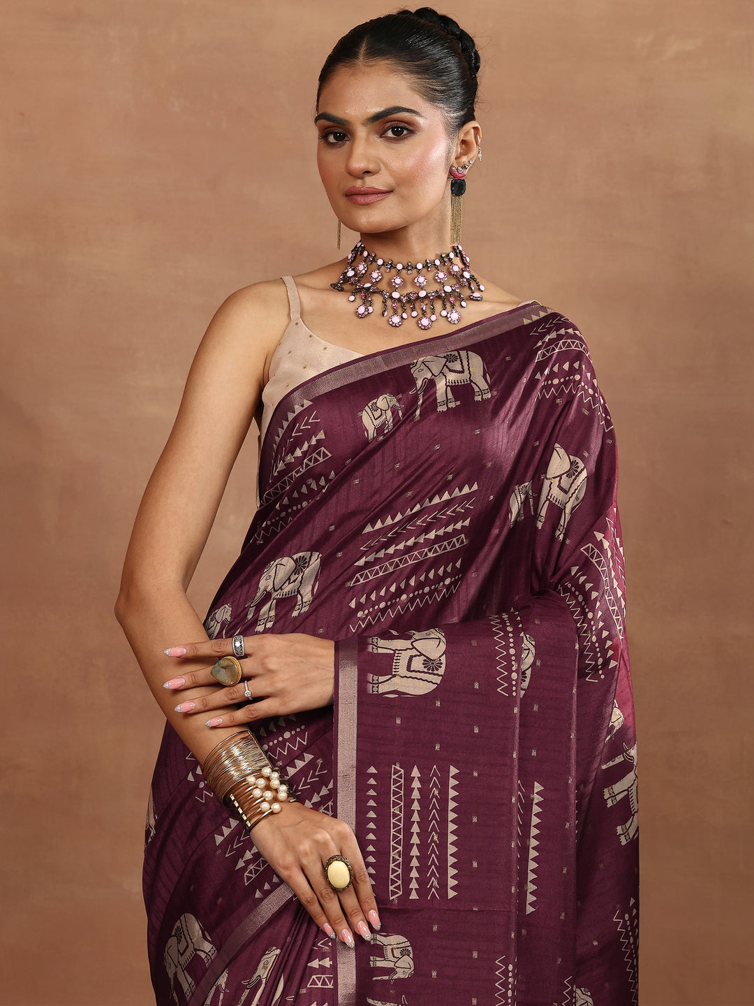Burgundy Printed Silk Blend Sarees With Unstitched Blouse Piece