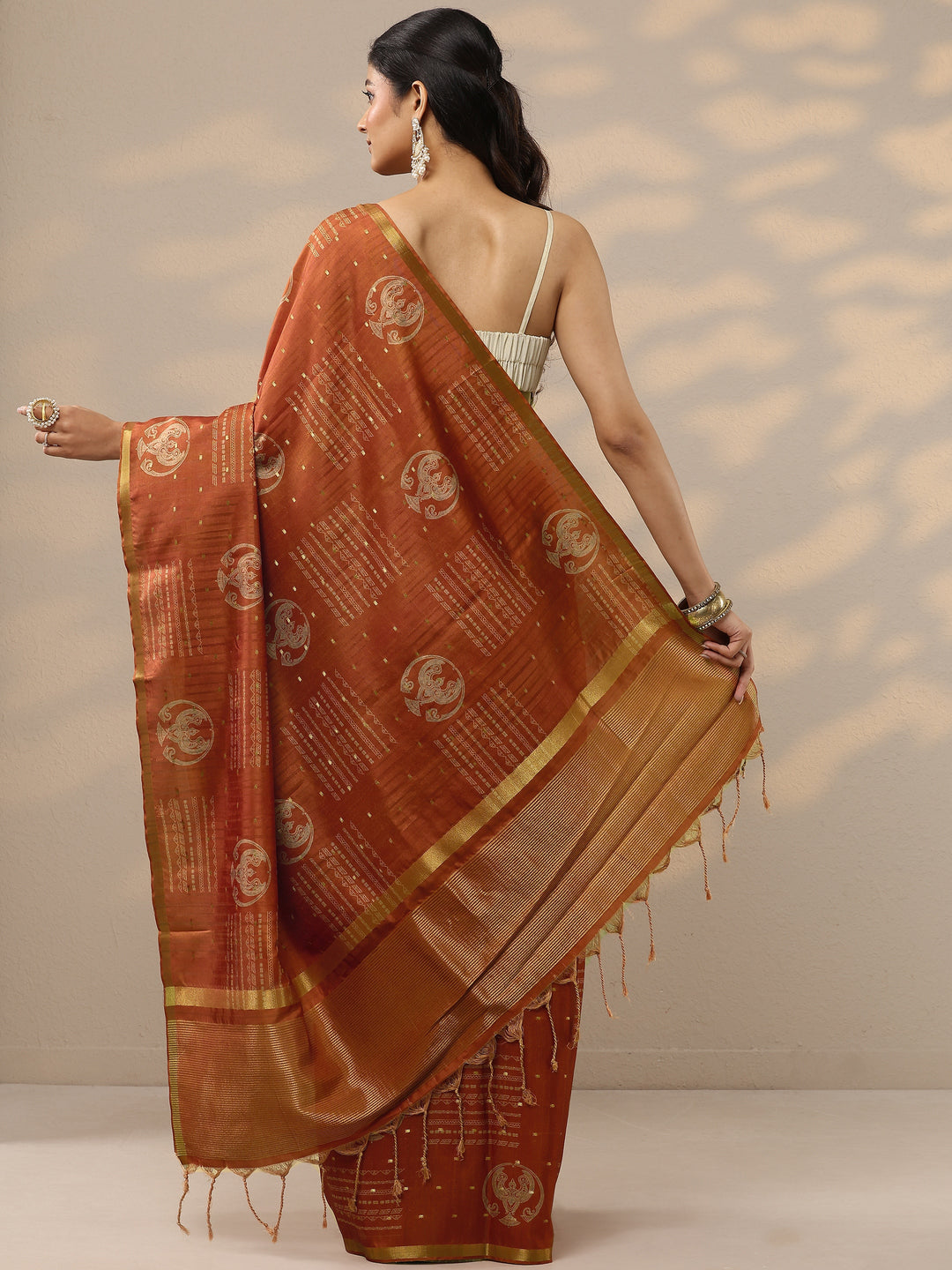  Orange Printed Silk Blend Sarees With Unstitched Blouse Piece 