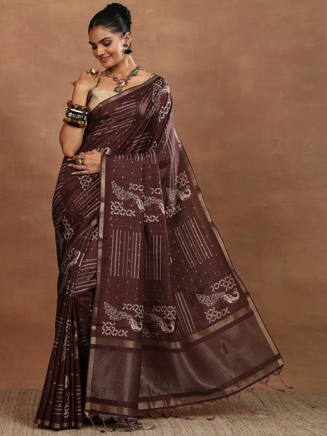  Brown Printed Silk Blend Saree With Unstitched Blouse Piece 