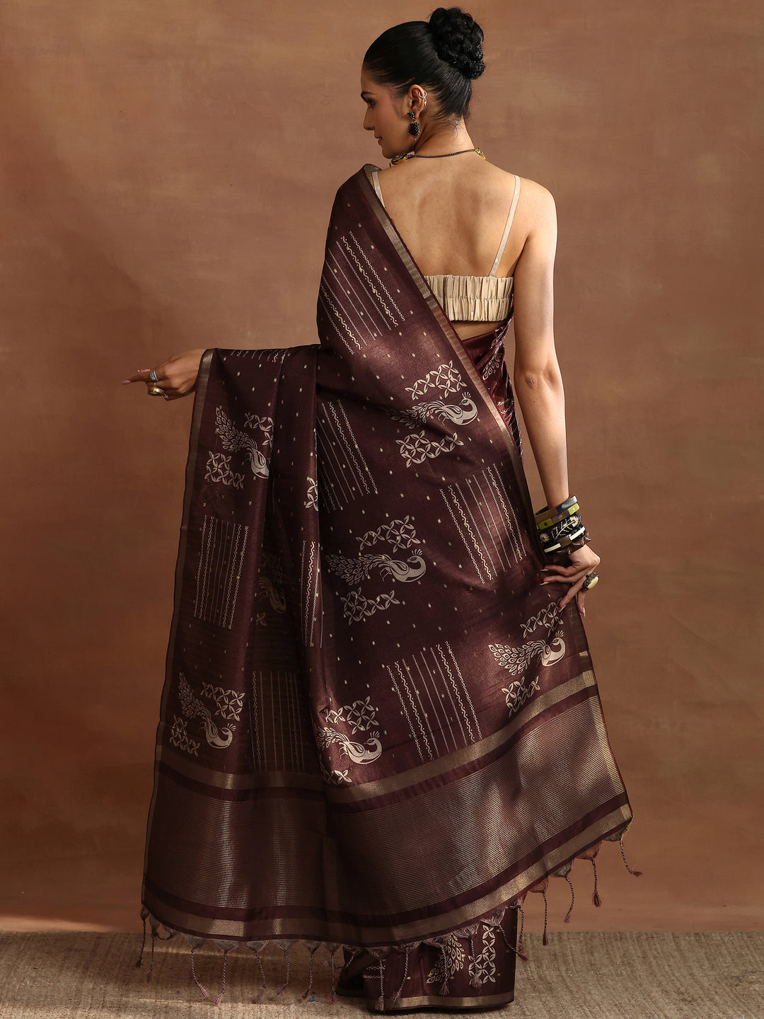  Brown Printed Silk Blend Saree With Unstitched Blouse Piece 