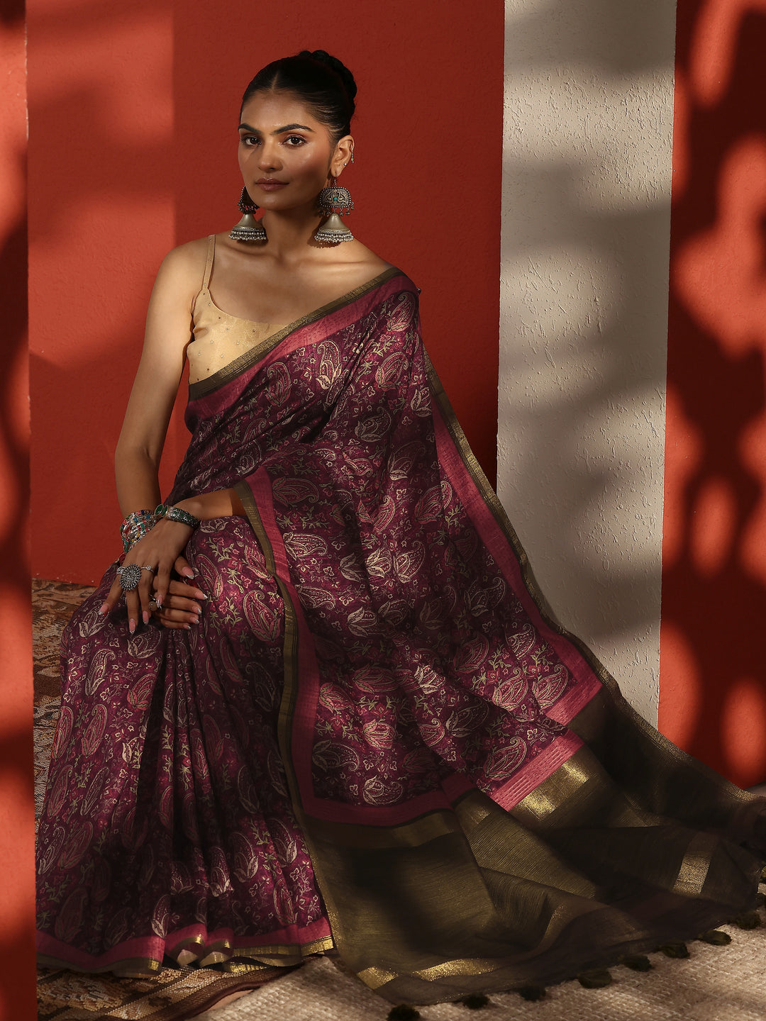  Burgundy Printed Silk Blend Sarees With Unstitched Blouse Piece 