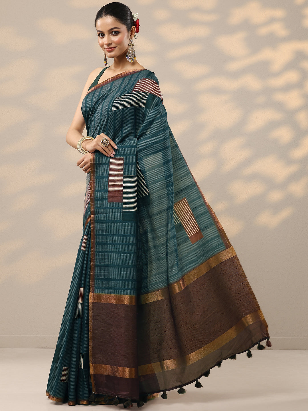  Blue Printed Silk Blend Saree With Unstitched Blouse Piece 