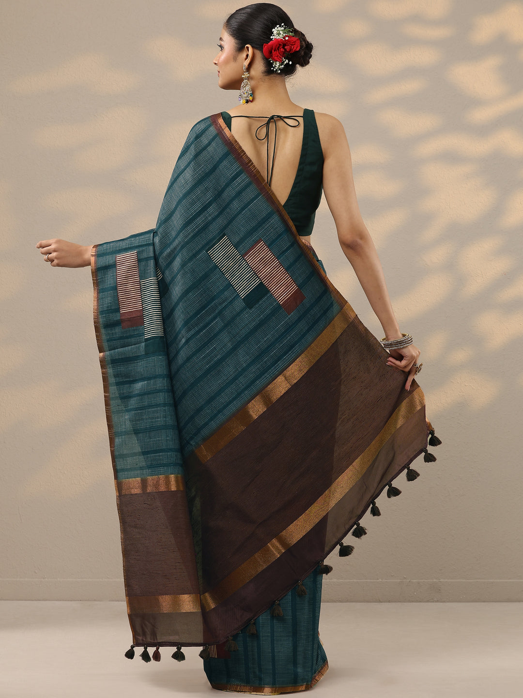  Blue Printed Silk Blend Saree With Unstitched Blouse Piece 