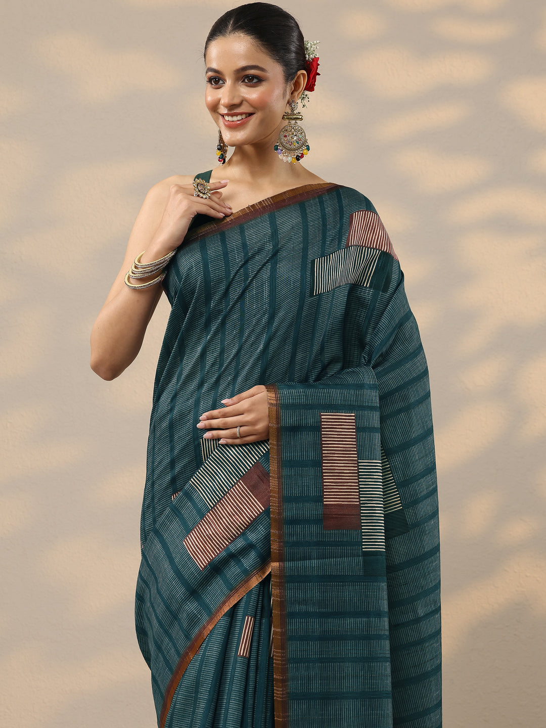  Blue Printed Silk Blend Saree With Unstitched Blouse Piece 