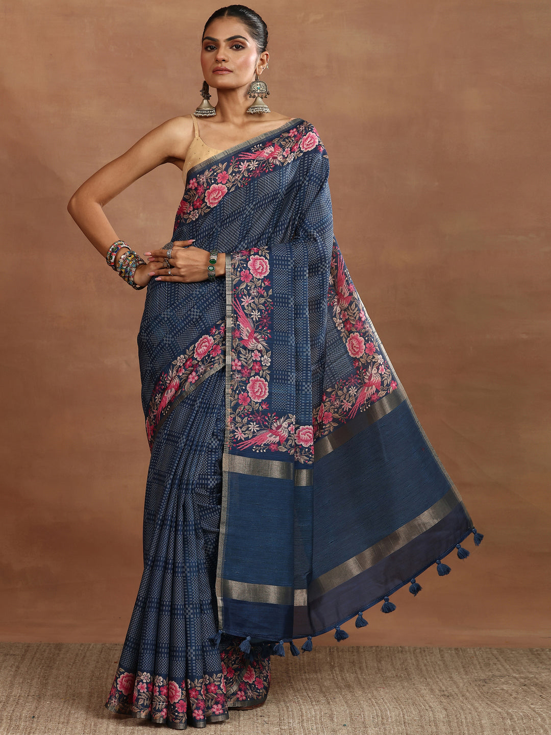  Blue Printed Silk Blend Sarees With Unstitched Blouse Piece 