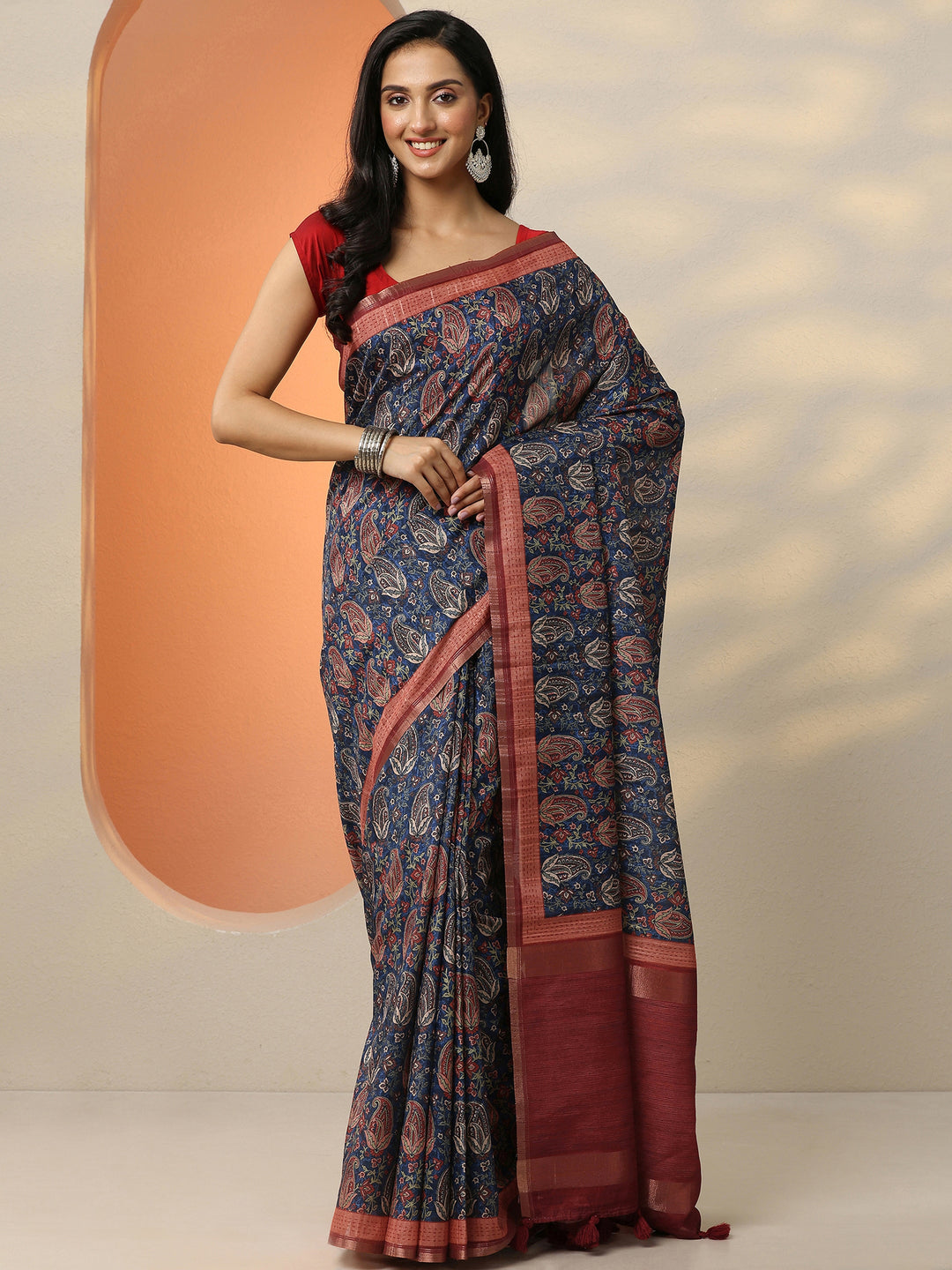  Blue Printed Silk Blend Saree With Unstitched Blouse Picece 