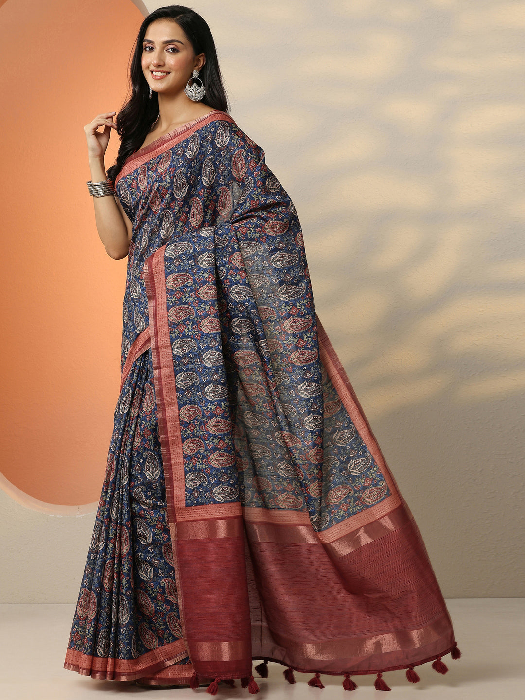  Blue Printed Silk Blend Saree With Unstitched Blouse Picece 
