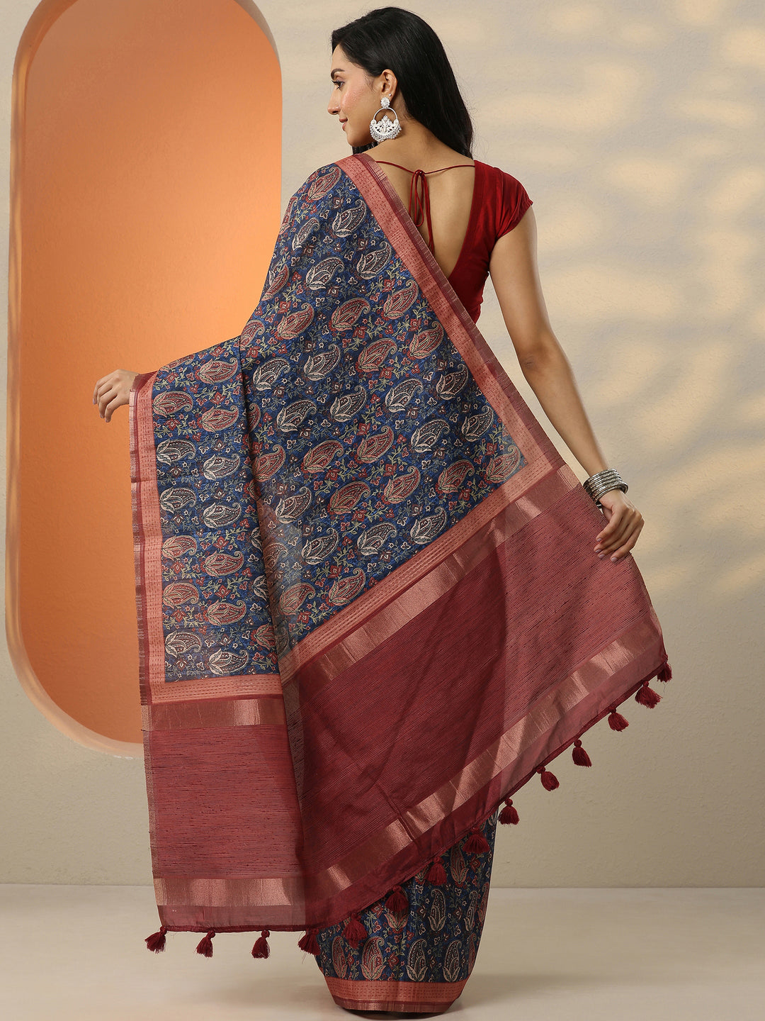  Blue Printed Silk Blend Saree With Unstitched Blouse Picece 