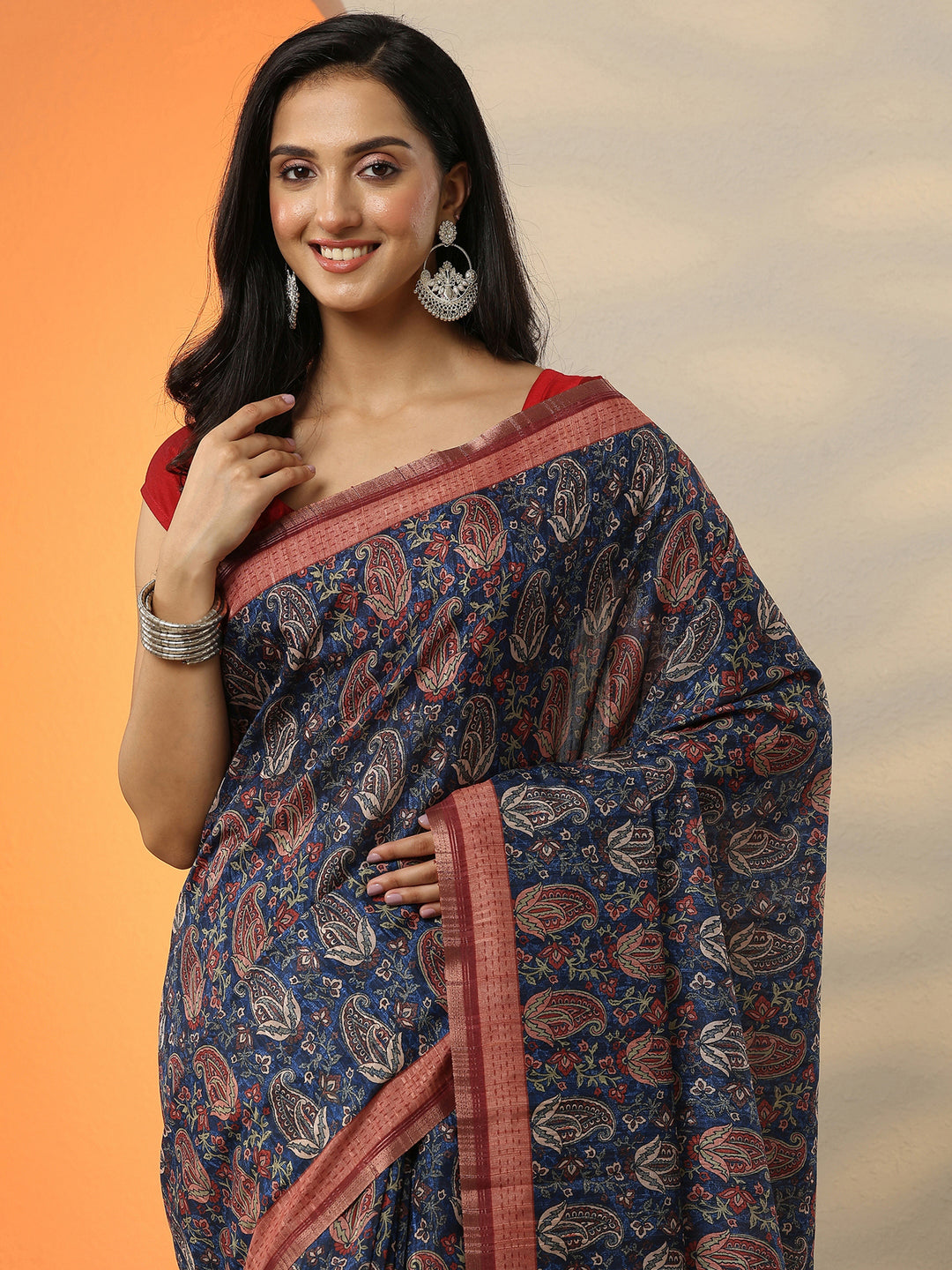  Blue Printed Silk Blend Saree With Unstitched Blouse Picece 