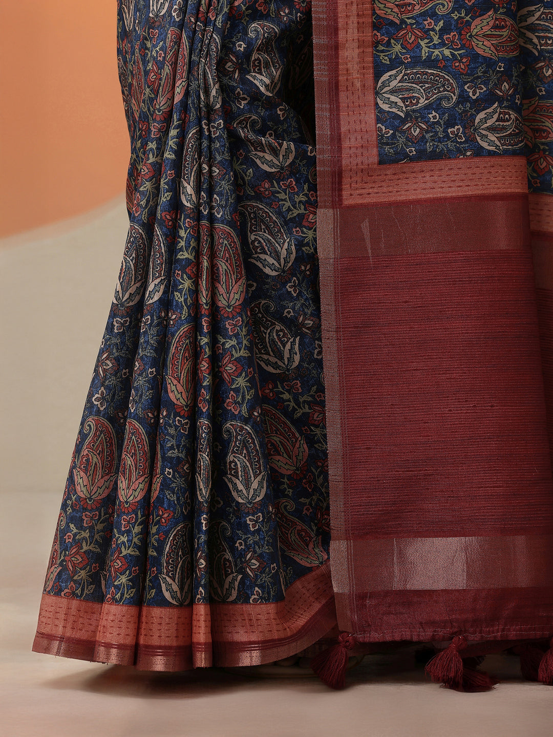  Blue Printed Silk Blend Saree With Unstitched Blouse Picece 