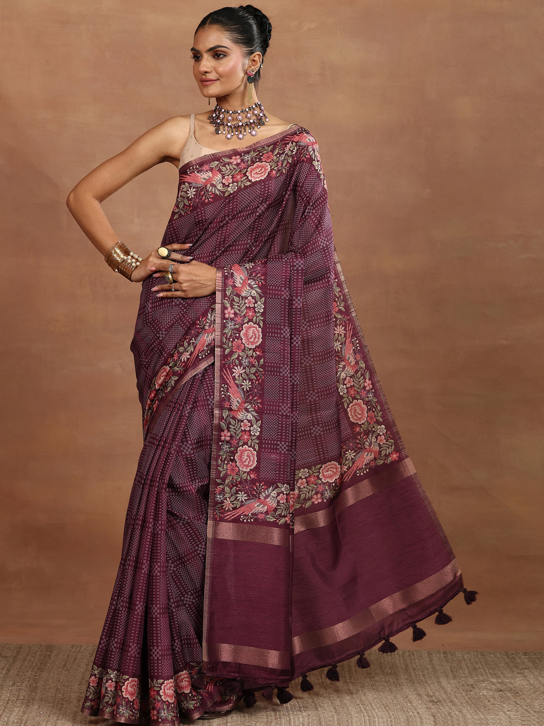 Maroon Printed Silk Blend Sarees With Unstitched Blouse Piece