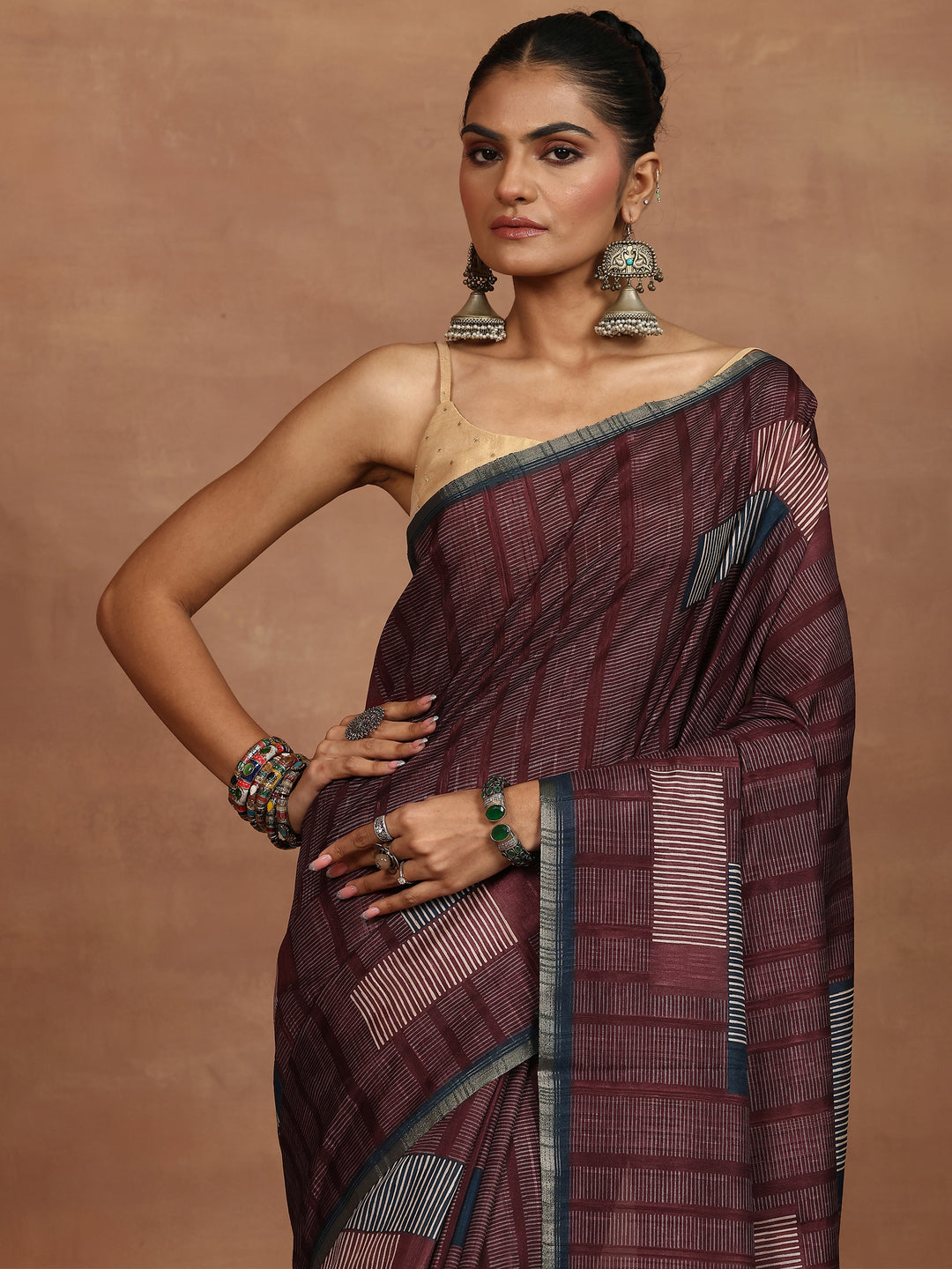  Blue Printed Silk Blend Sarees With Unstitched Blouse Piece 