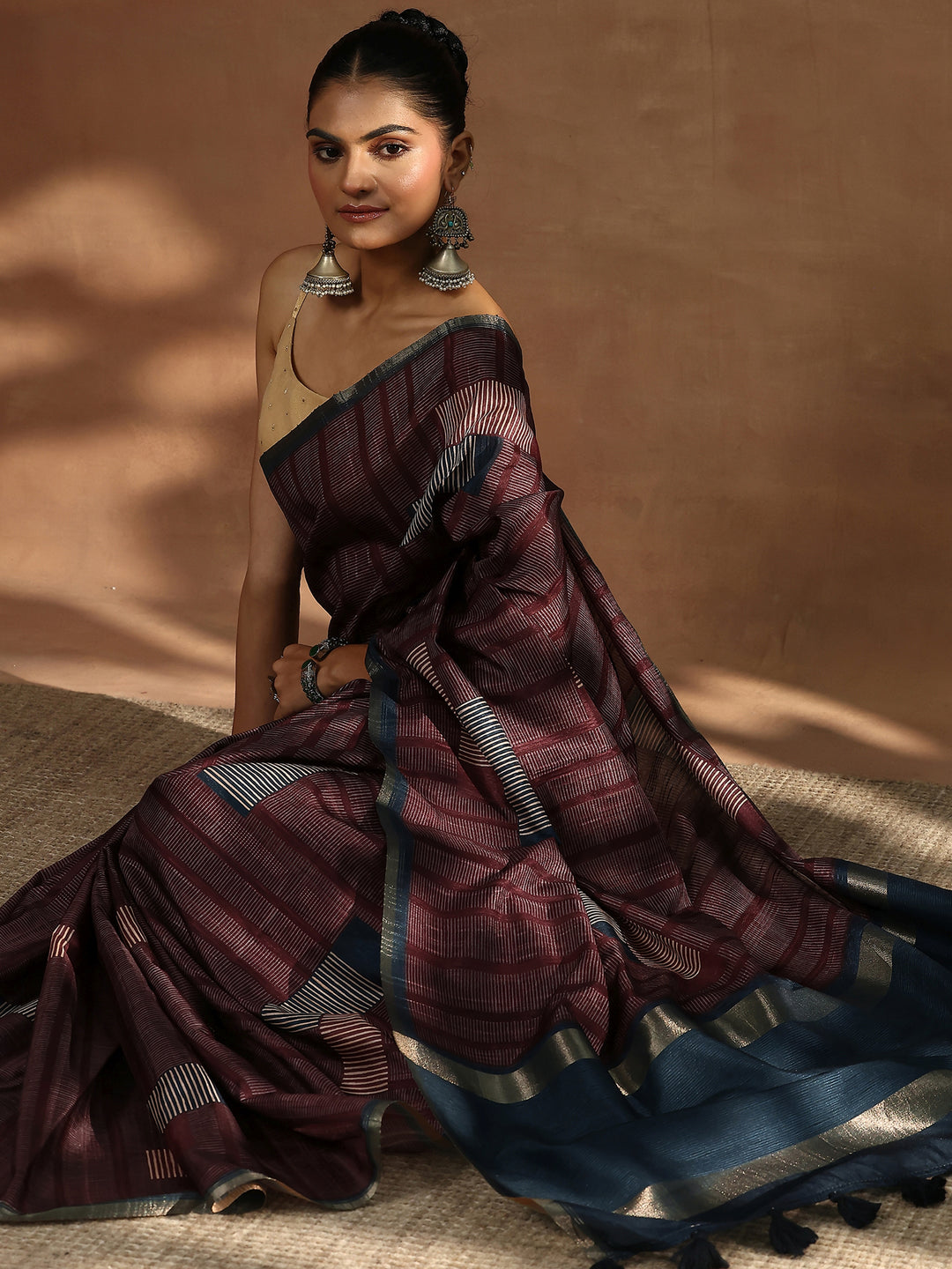  Blue Printed Silk Blend Sarees With Unstitched Blouse Piece 
