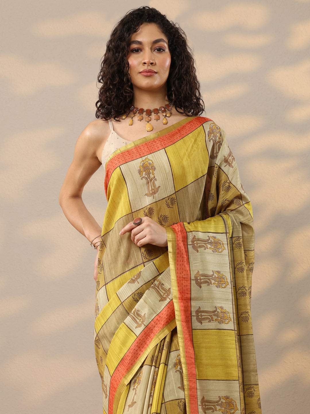  Gold Printed Silk Blend Saree With Unstitched Blouse Piece 