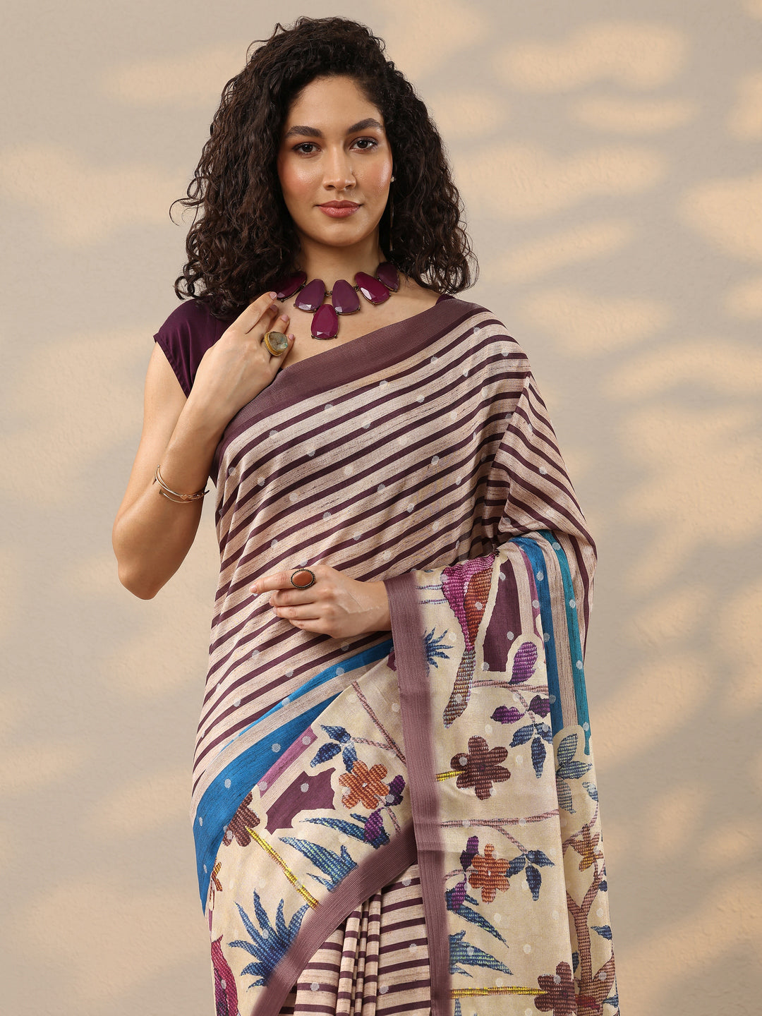  Multi Printed Silk Blend Saree With Unstitched Blouse Piece 